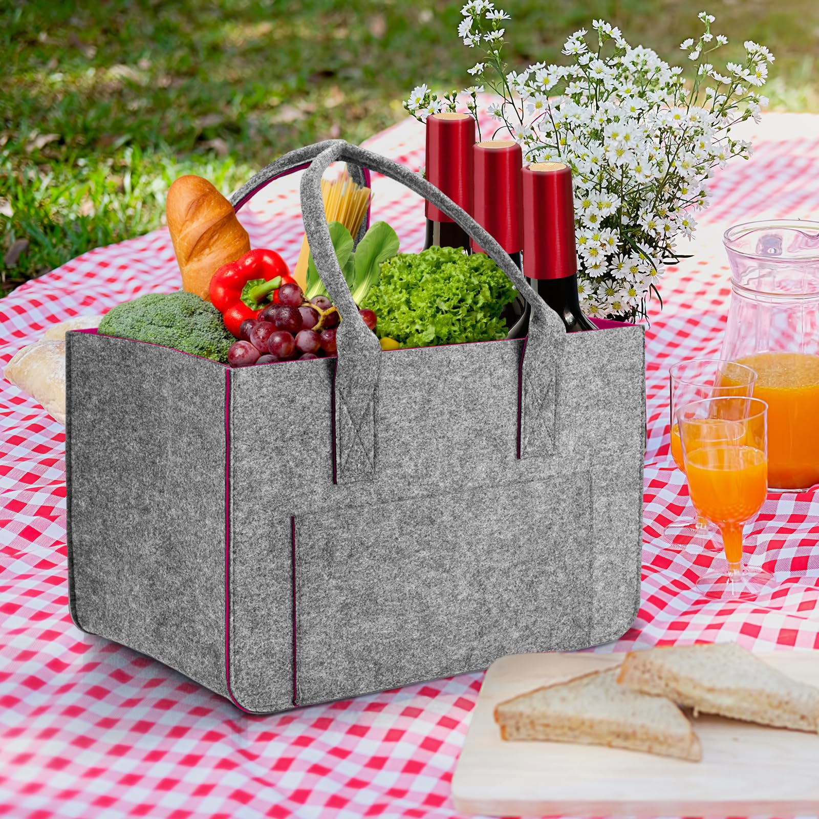 Eurhomewit Borsa in Feltro con Scomparto per Bottiglie, Cestino Pieghevole per la Borsa Shopper in Feltro/Borsa per Bottiglie/Borsa per Legna da Ardere (Magenta/1 Pezzo)