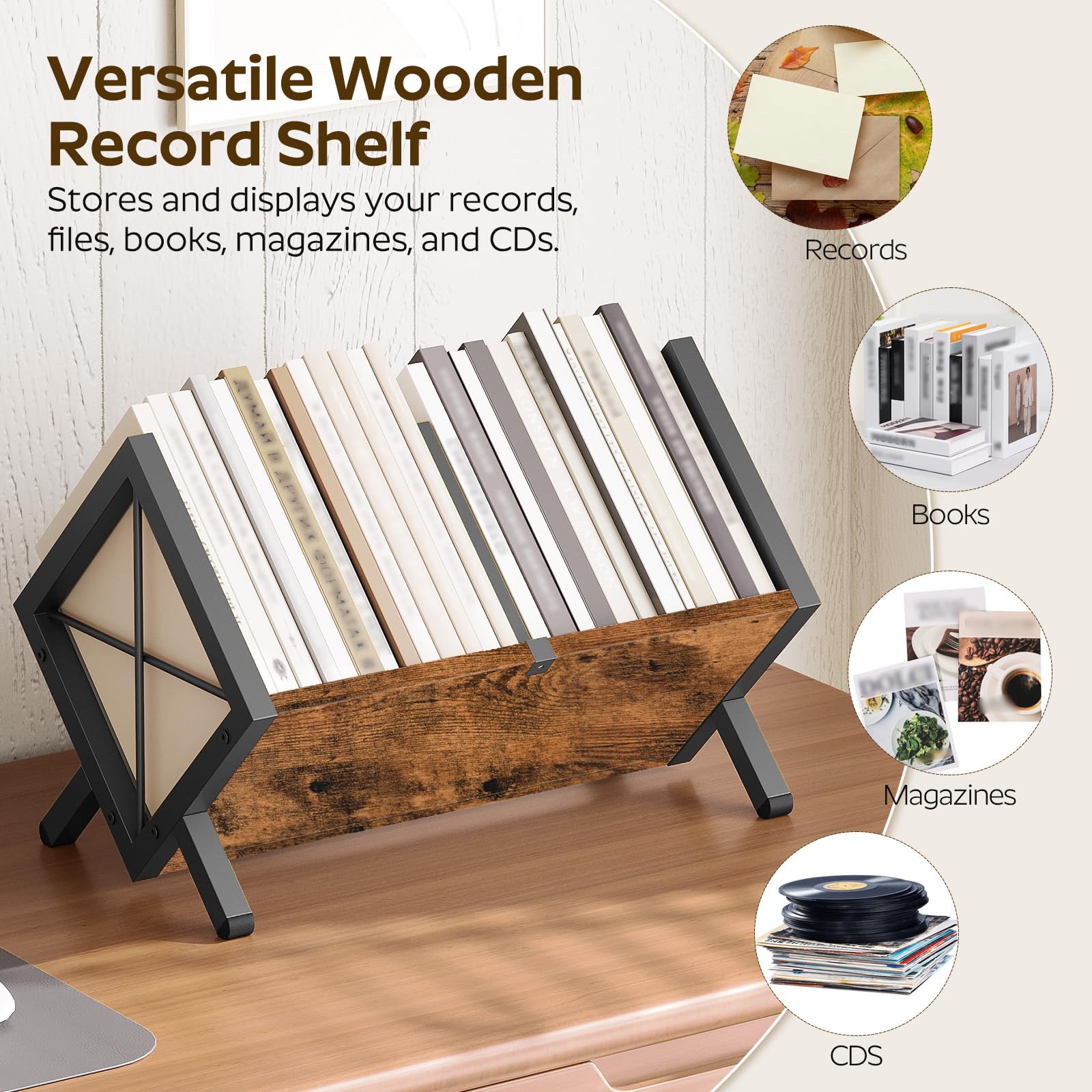 YATINEY Supporto per dischi in vinile, può contenere dischi da 80 a 100 LP, display in legno e metallo, organizer per dischi in vinile da montare rapidamente, per CD, libri, album, marrone rustico e