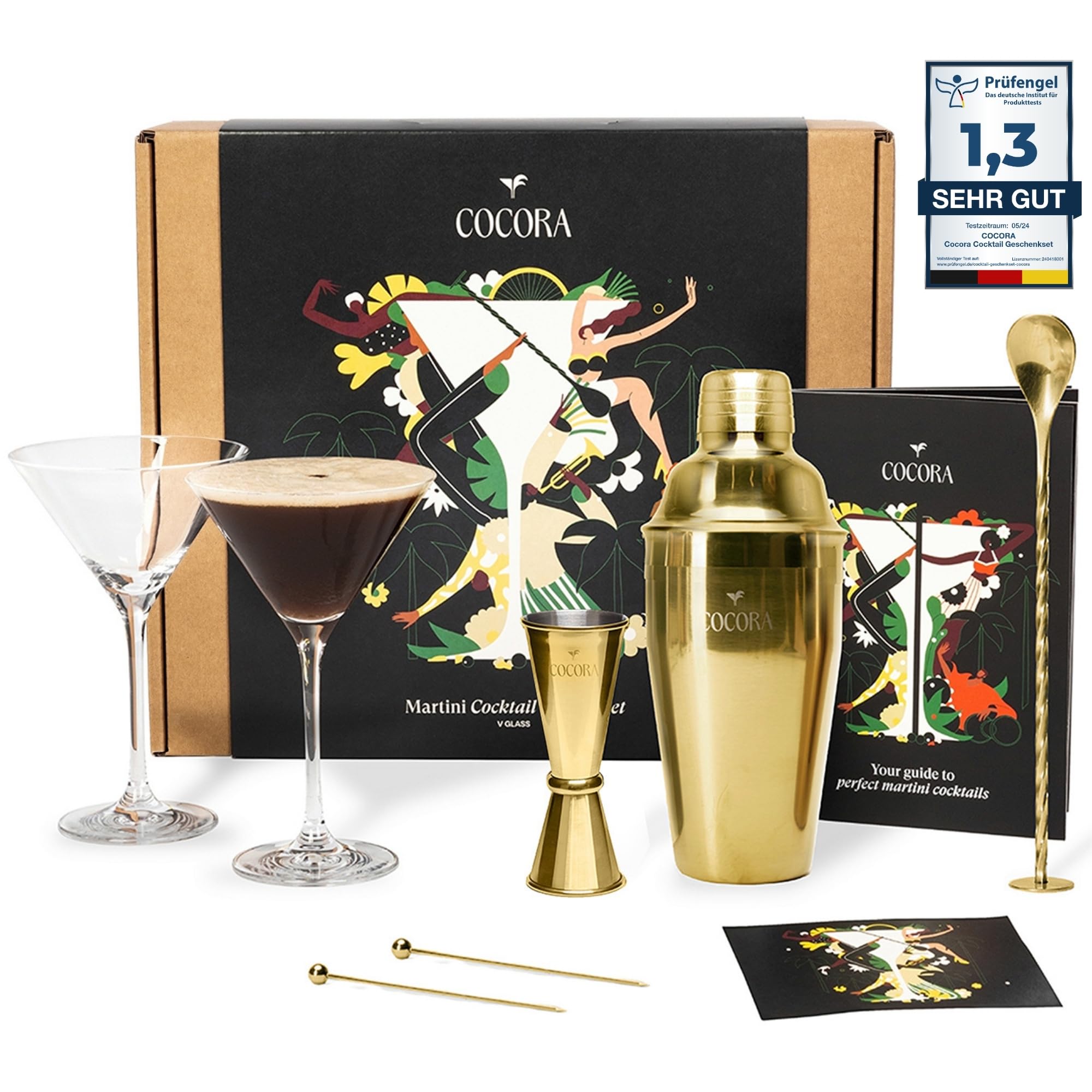 Cocora Martini-Set | 8-teiliges Cocktail-Set aus Edelstahl | Cocktail Shaker | Martini Cocktail Gläser | Cocktail Buch | Luxuriöse Geschenkverpackung (Gold)