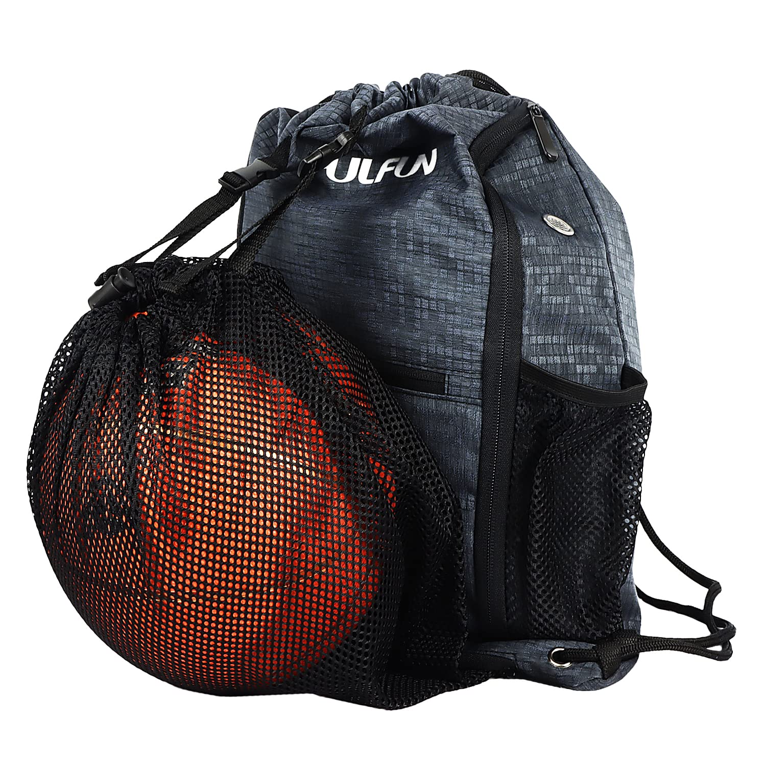 FULFUN Drawstring Basketball Backpack Sports Gym Bag With Shoe Compartment and Two Water Bottle Holder (Dark Gray, M)