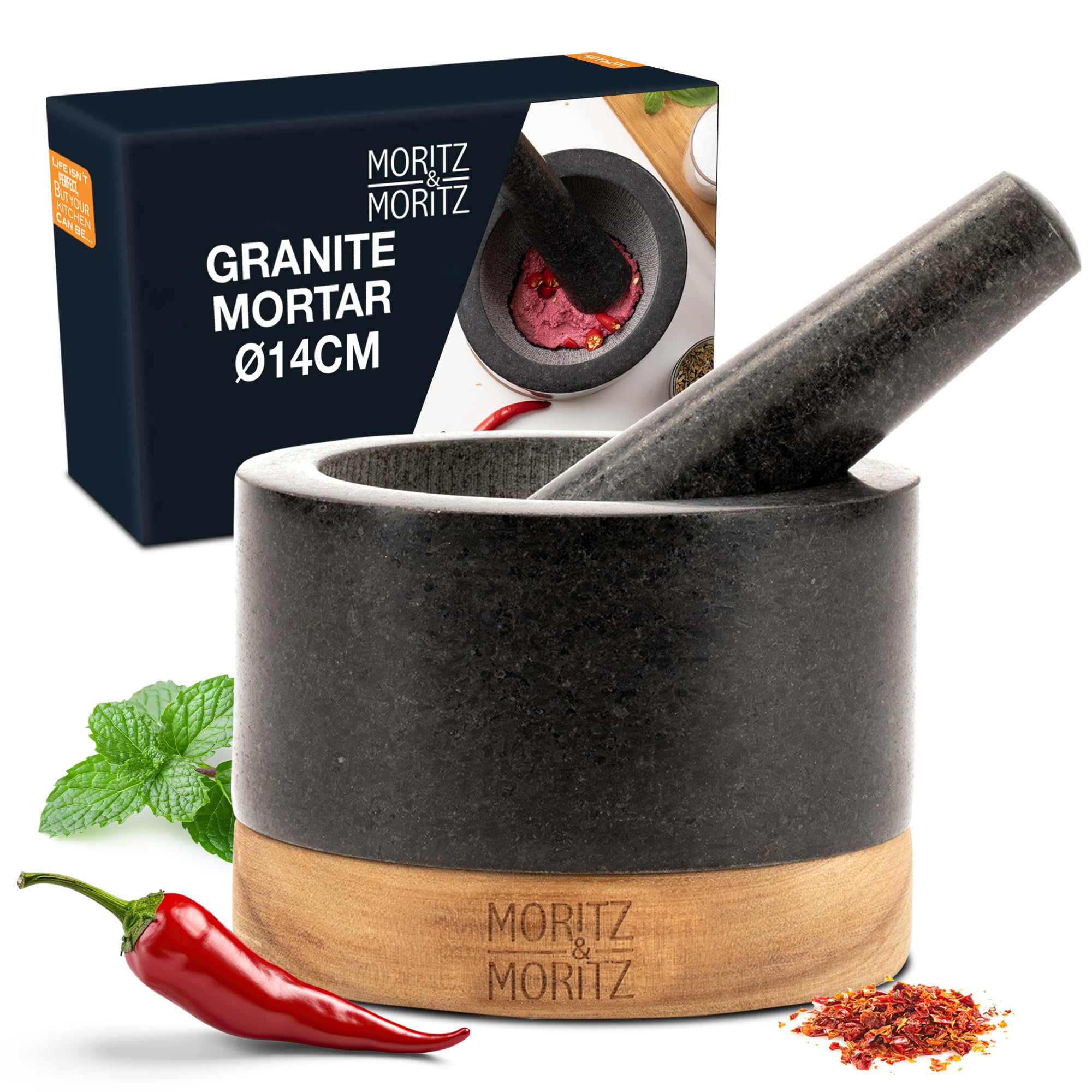 Moritz & Moritz Granite Mortar and Pestle Set - 14cm (5,1") Large Pestle and Mortar with Wooden Base - Heavy Duty Stone Grinder for Spices, Herbs, Pastes - Premium Kitchen Gift Set