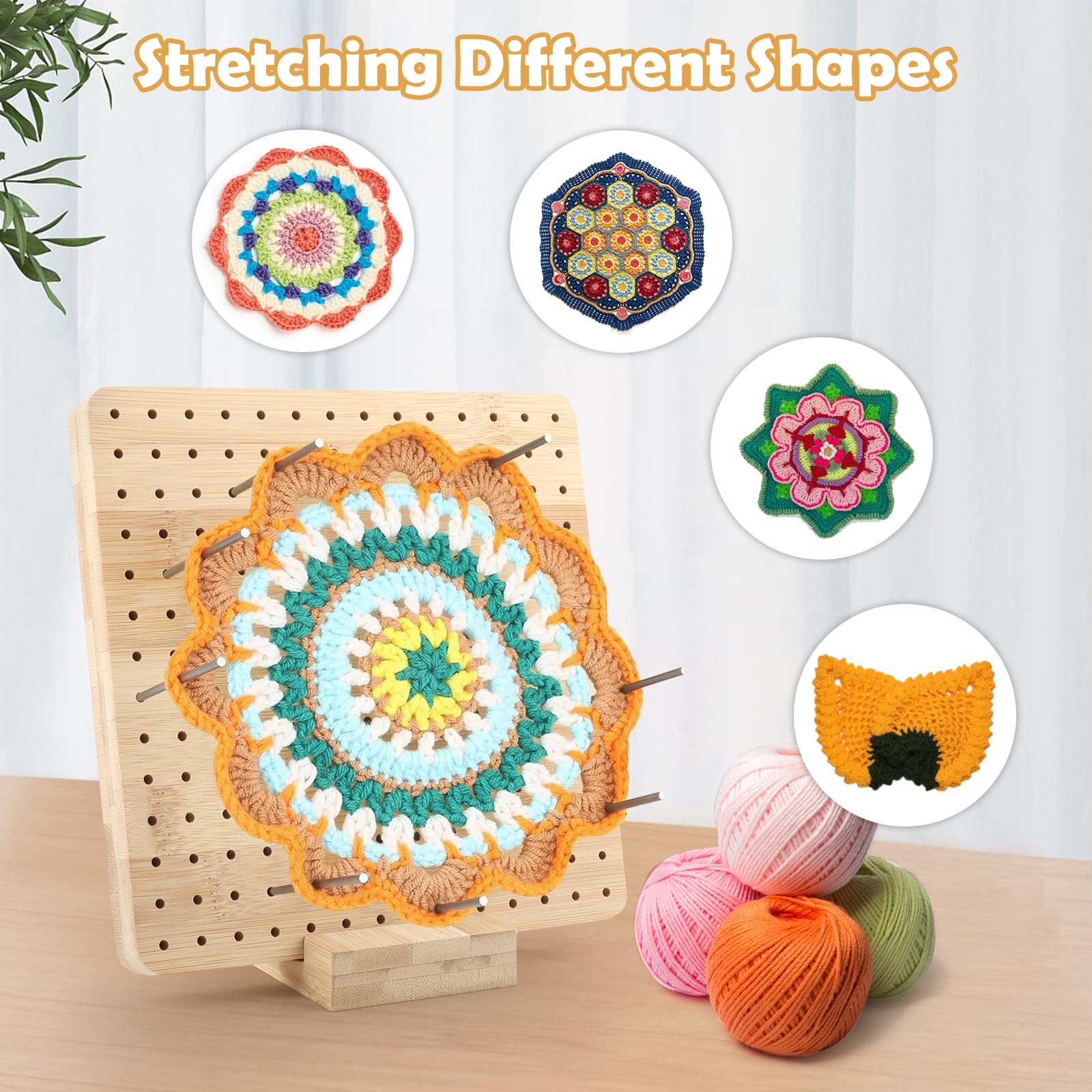 Deska blokująca do Granny Square, 19,5 x 19,5 cm, drewniana deska blokująca z 10 prętami ze stali nierdzewnej i 5 igłami, drewniana deska blokująca do szydełkowania do naciągania małych części do