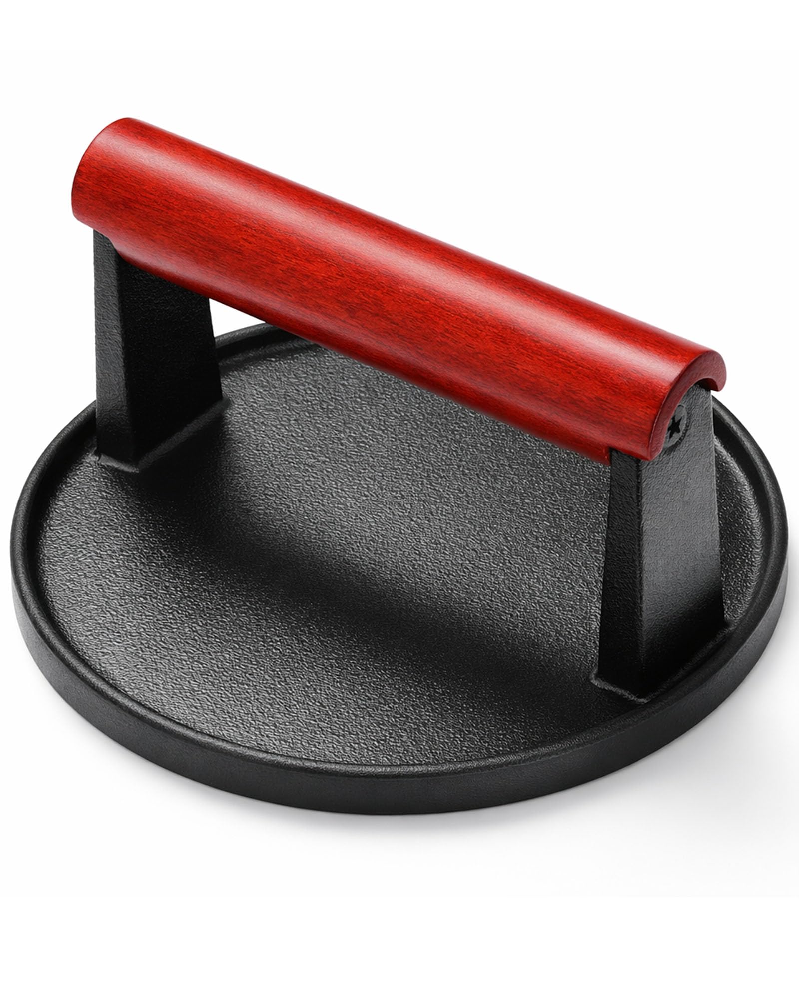 HULISEN Cast Iron Burger Press with Extended Wood Handle, 6" Round Flat Edge Burger Smasher