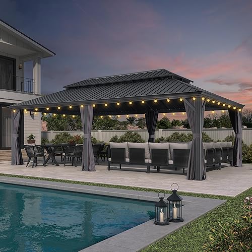 Miniatura 21 de PURPLE LEAF Gazebo grande para exteriores de 12 x 24 pies con acero galvanizado y luz para césped y jardín, glorieta permanente de techo duro, color