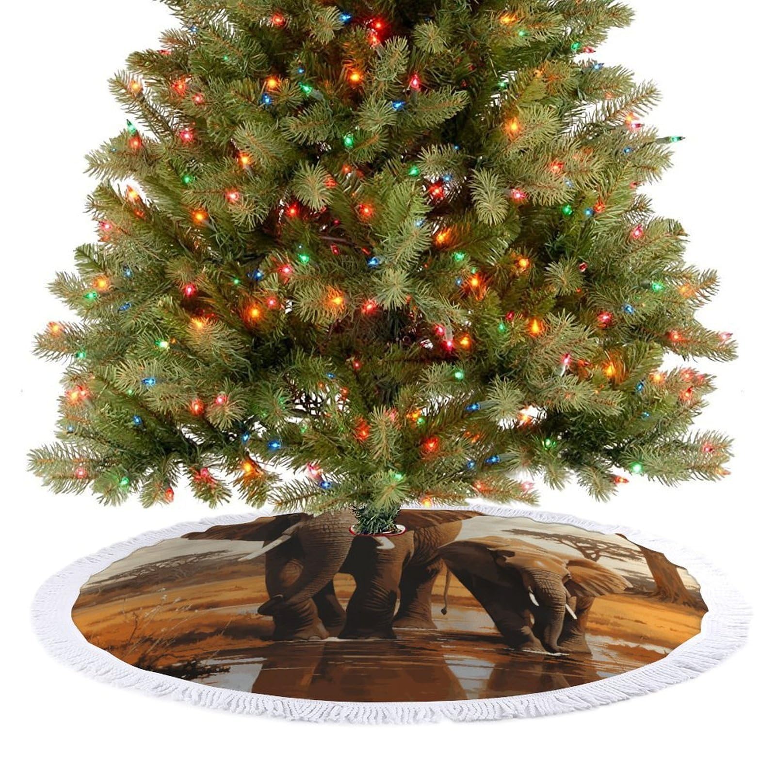 Elephant Family Christmas Tree Skirt 48" Rustic Xmas Tree Mat with Tassel Ornament Christmas Trees Cover Skirt Mat for Evergreen Trees Ornament Winter Holiday Mats Decorations