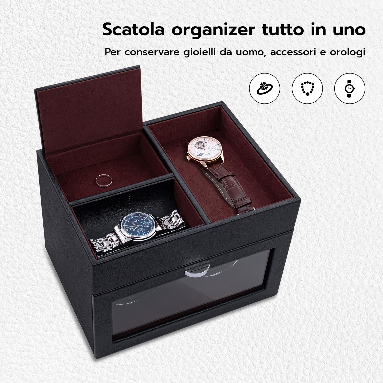 Mcbazel Multifunzionale Scatola Carica Orologio per 2 Orologi,Orologi Automatici Display LED Luce Scatola di Carica dell'Orologio Gioielli con Motore Silenzioso 1 Modalità di Rotazione -Vino Rosso