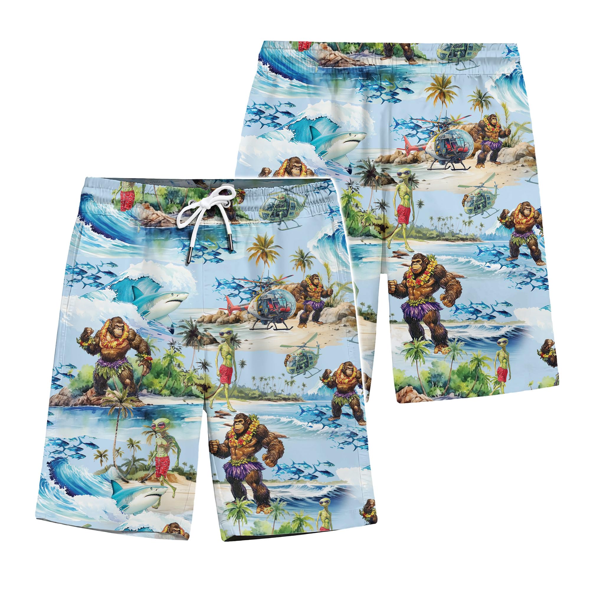 Tropical Bigfoot Alien Hawaiian Shorts for Men Shark Summer Beach Swim Trunks Hawaiian Mens Shorts Mens Shorts Men