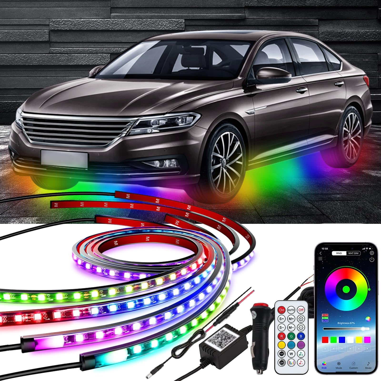 Kit di luci per auto, controllo APP, set di luci multicolore sincronizzate con la musica, strisce luminose RGB impermeabili per auto, camion e SUV