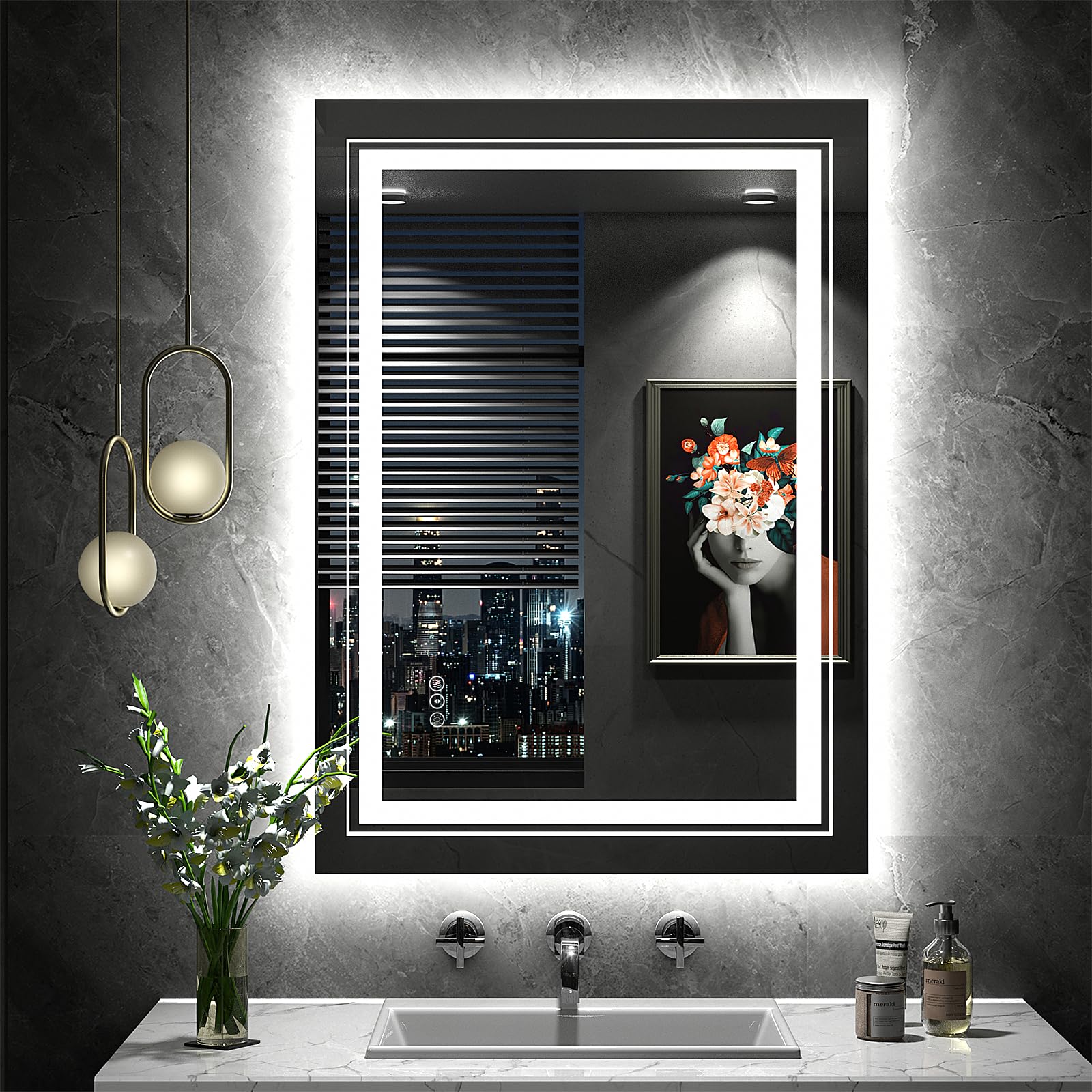 20x28 LED Bathroom Mirror, Front and Backlit Mirror Bathroom, Lighted Bathroom Mirror with Lights, Dimmable LED Vanity Mirror Wall, Anti-Fog, Memory, Shatterproof(Horizontal/Vertical)