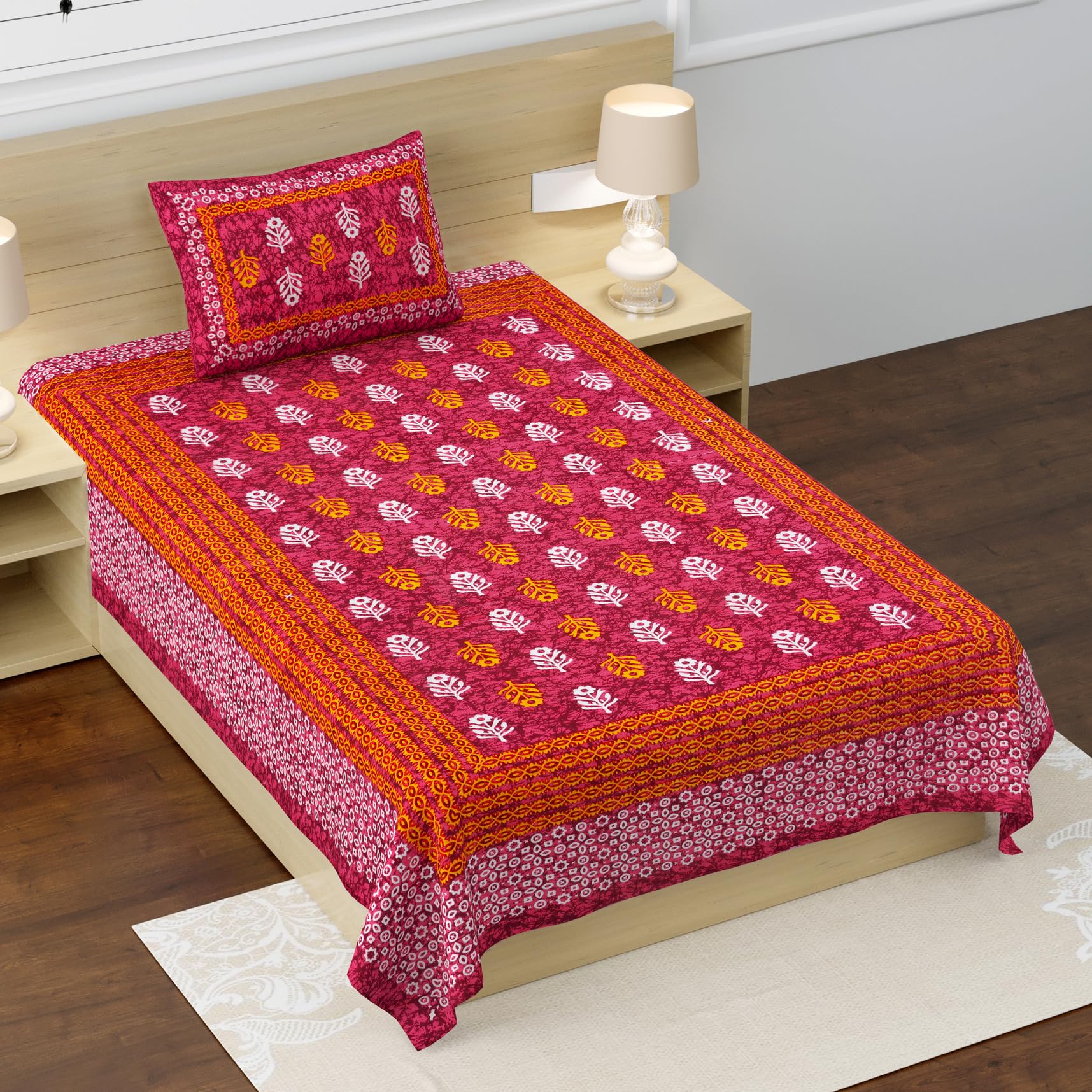 Pure 100% Cotton Single Bed Sheet with 1 Pillow Cover (Bedsheet for Single Bed Cotton, Red Small Booty)