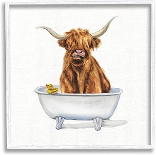 Stupell Industries Shaggy Country Cattle in Bathtub Rubber Duck, Designed by Donna Brooks White Framed Wall Art, 17 x 17, Brown