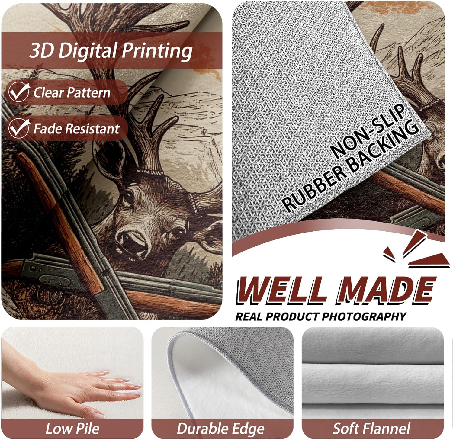 Deer Rug 5x7-5x8 Rug - Deer Rug - Wildlife Mountain Forest Area Rug - Hunting Wild Animal Rugs - Rustic Cabin Animal Carpet - Deer Home Decor