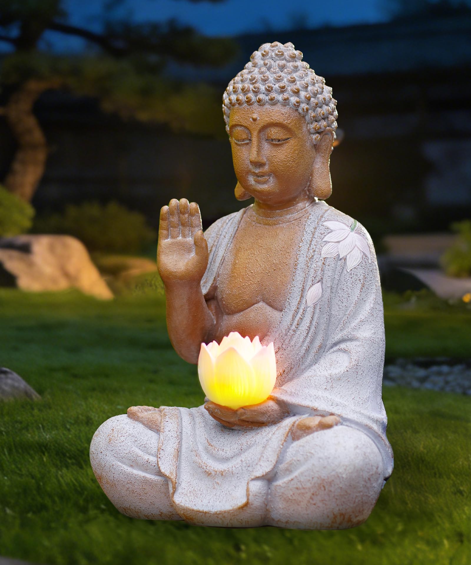 Yeomoo 27CM Buddha Figur mit Solar LED Lotus Gartendeko für Draußen