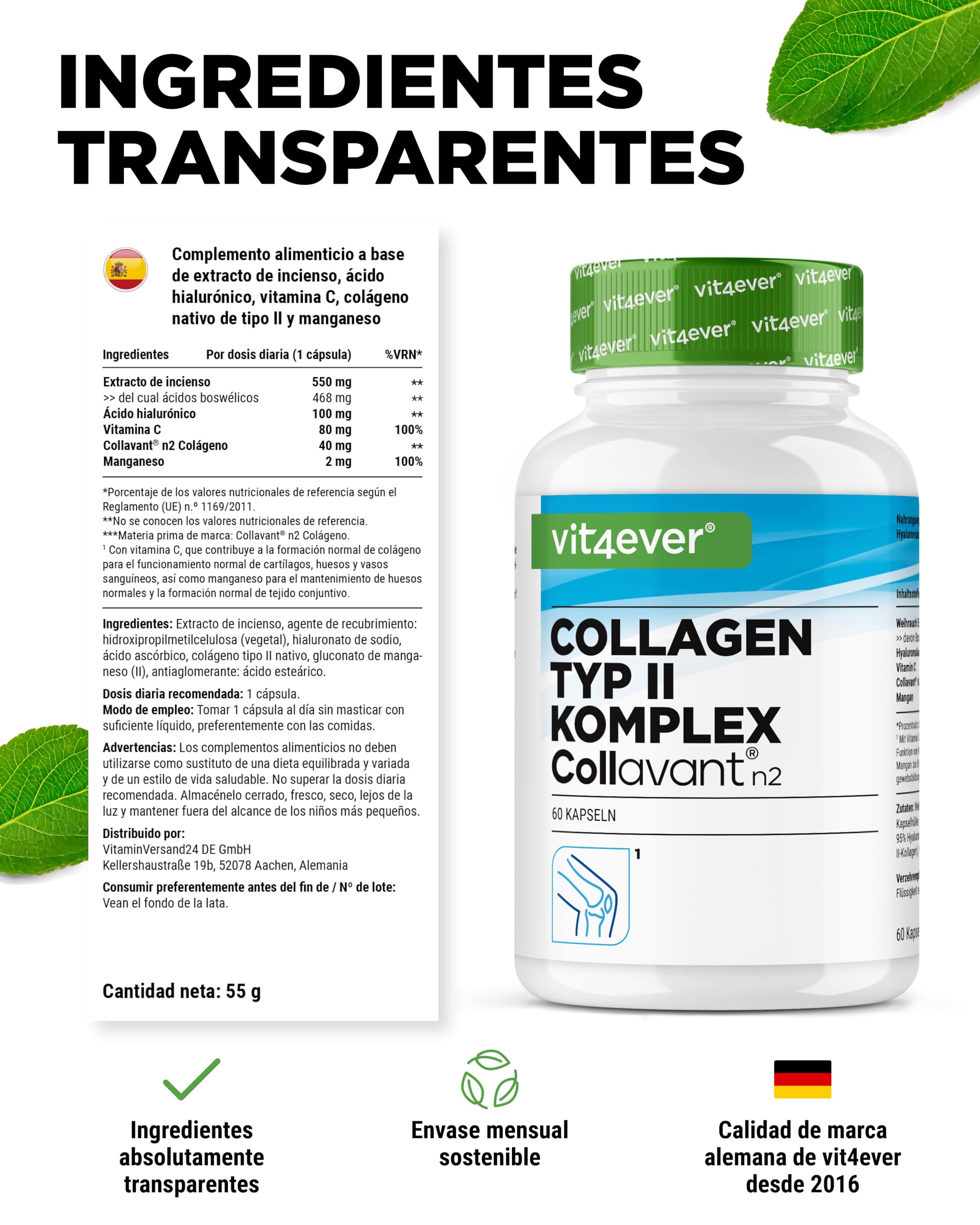 Complejo de colágeno tipo II – con colágeno nativo Collavant n2®, extracto de incienso, ácido hialurónico, vitamina C, manganeso para huesos, cartílago y articulaciones