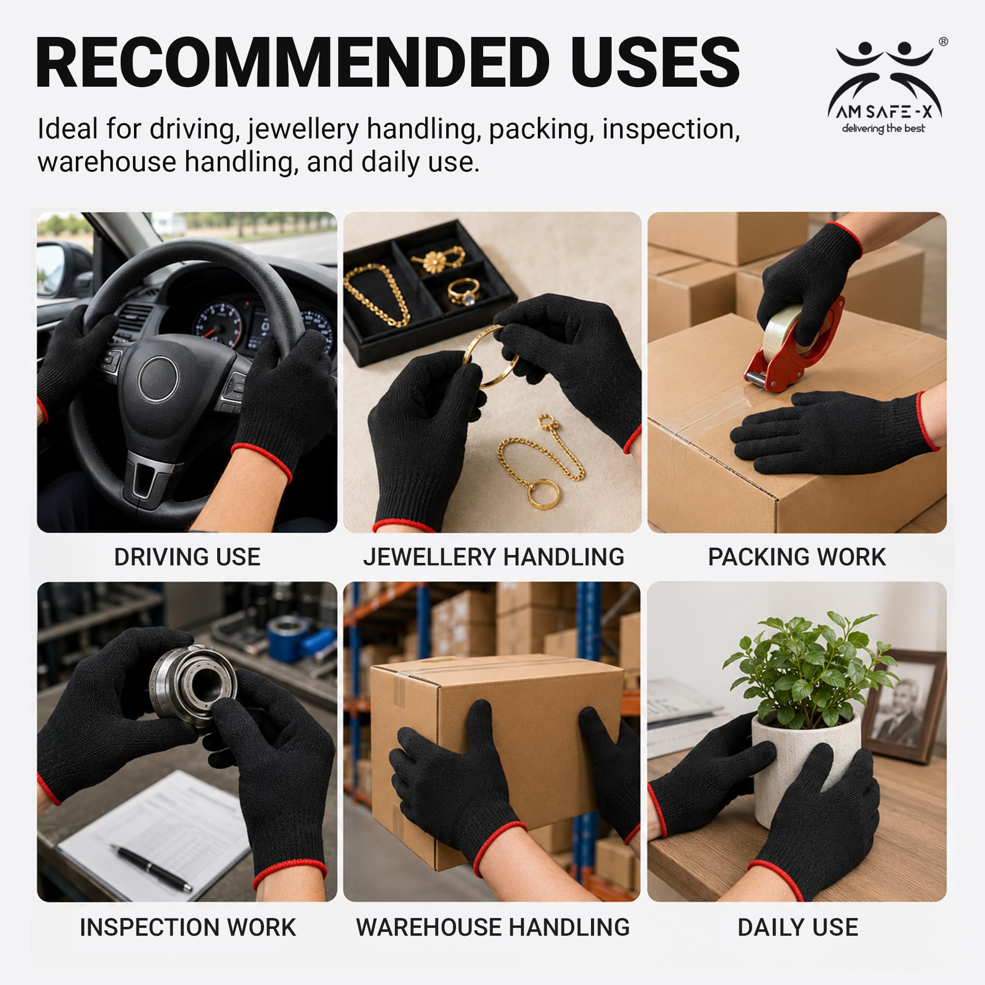 AM Safe-X Premium Black Cotton Gloves for Men & Women | Lightweight Breathable Knitted Gloves | Soft Stretch Fit | Reusable Hand Protection for Driving, Gardening, Warehouse & General Use | 5 Pair 4
