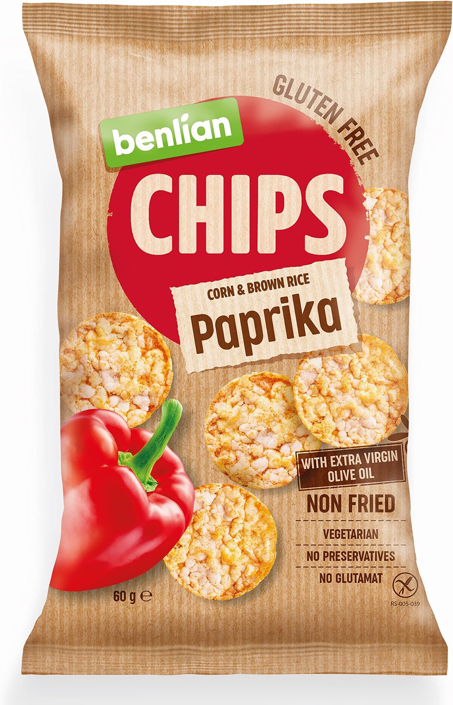 Benlian Gluten Free Chips Corn & Brown Rice, Paprika 60g | With Extra Virgin Olive Oil, Non Fried, Vegetarian, No Preservatives, Glutamat