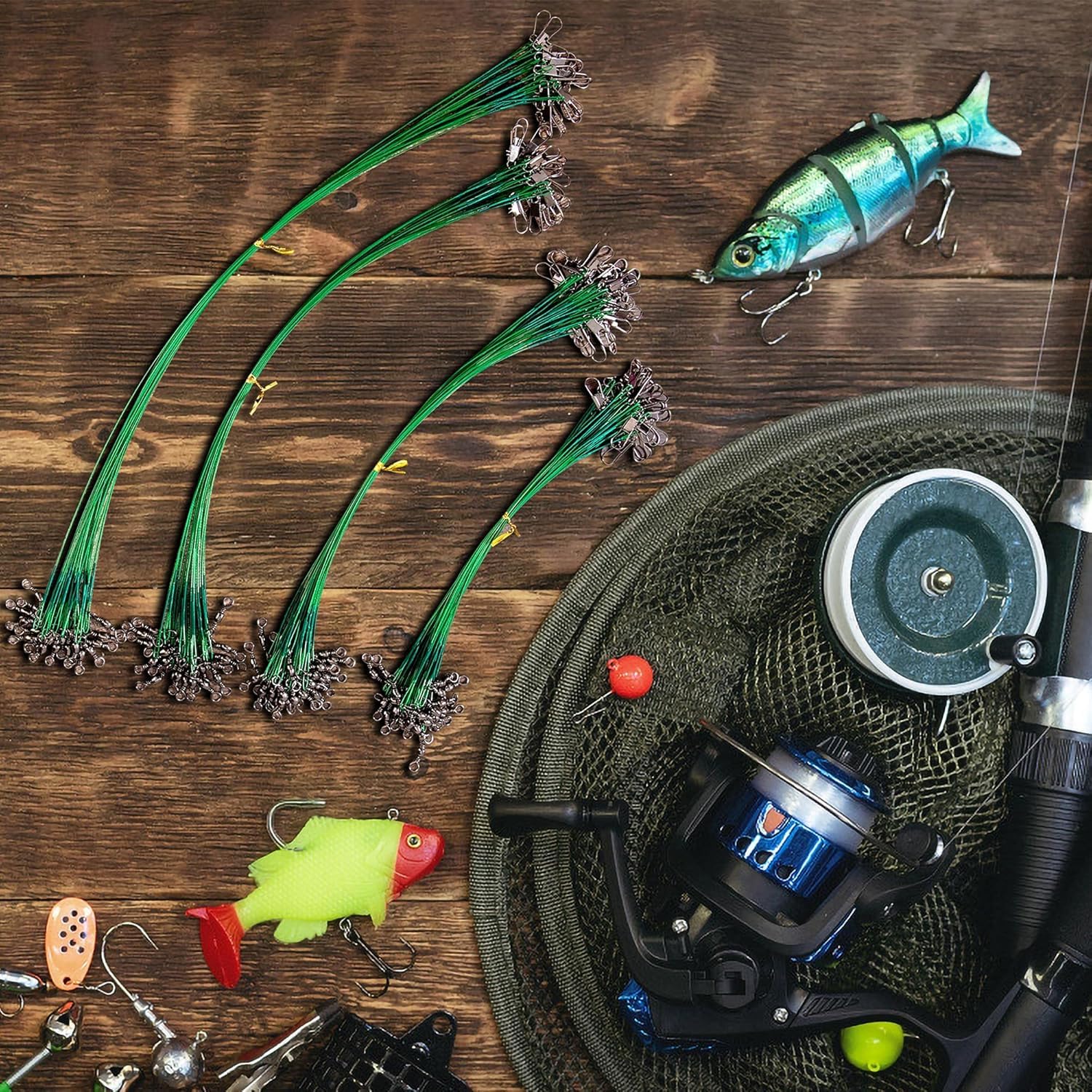 Cable del Líder de Pesca de Acero Líderes de Traza de Alambre de Pesca con Giratorios y Broches de Presión Múltiples Tamaños de Diferentes Líneas de Alambre Anti-Mordedura 15cm 20cm 25cm 30cm