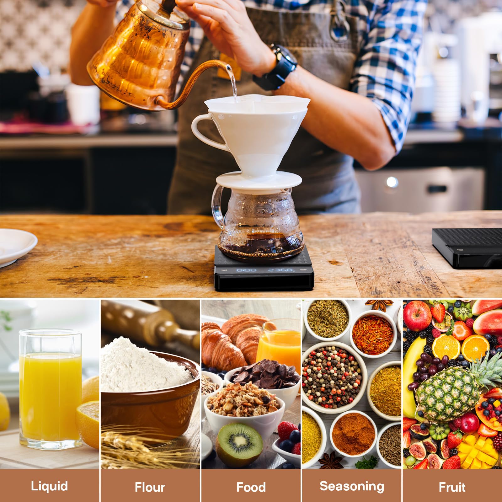 Uonlytech Bilancia Digitale per Caffè Espresso con Timer, Precisione 0,1g Capacità 5000g, Spegnimento Automatico, per Cucina e Preparazione Caffè
