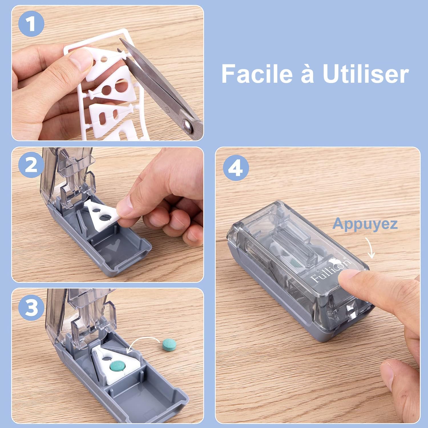 Fullicon Coupe-Comprimés avec 7 Supports en Silicone, Coupe-Comprimés pour Petits Comprimés avec Alignement Précis, Lame en Acier Inoxydable & Protection de Lame 2 Boîtes à Pilules Offertes (Gris)