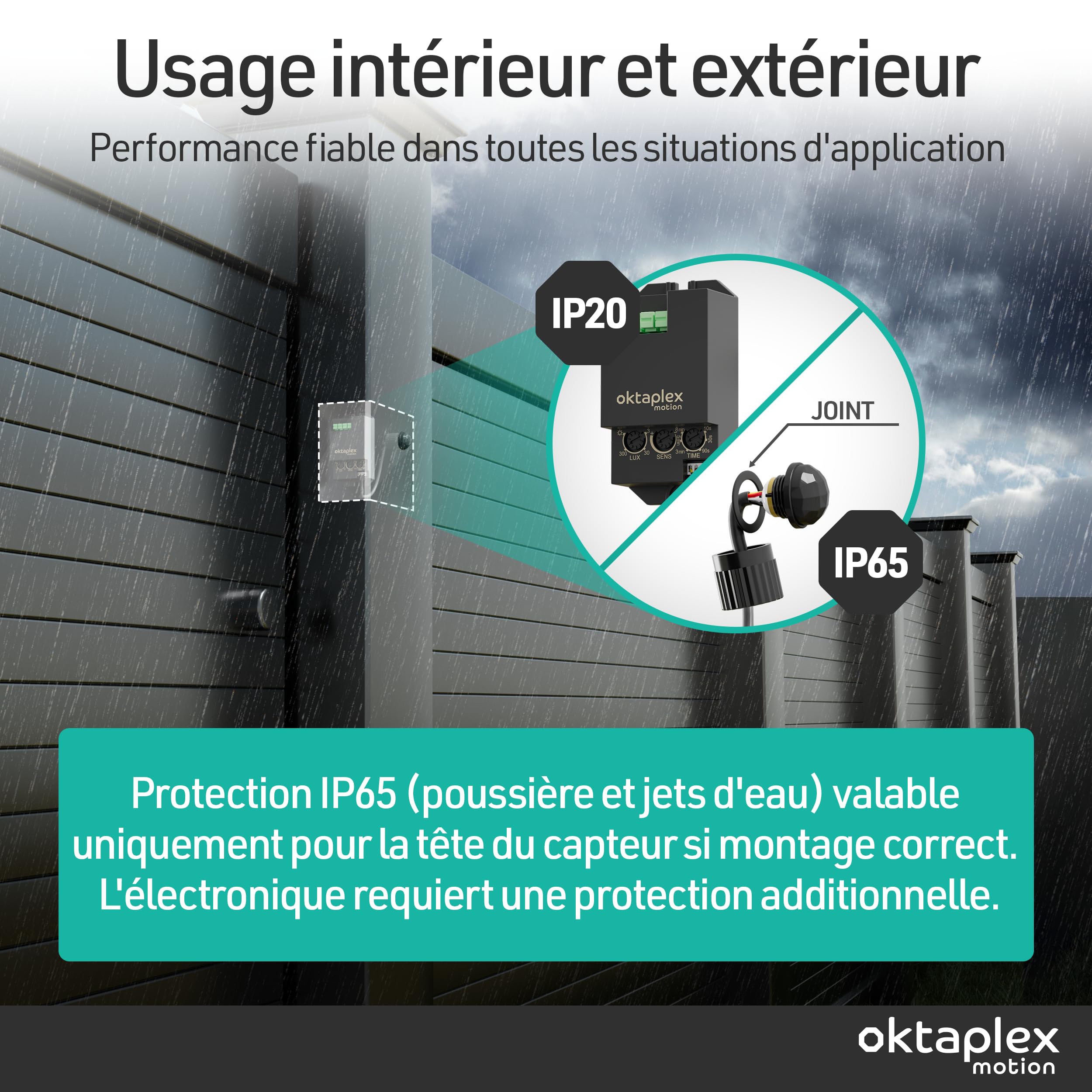 Oktaplex Jana détecteur de mouvement intégré extérieur 360 degrés capteur infrarouge 4m de diamètre IP65 / IP20 capteur de mouvement noir avec câble de 50cm