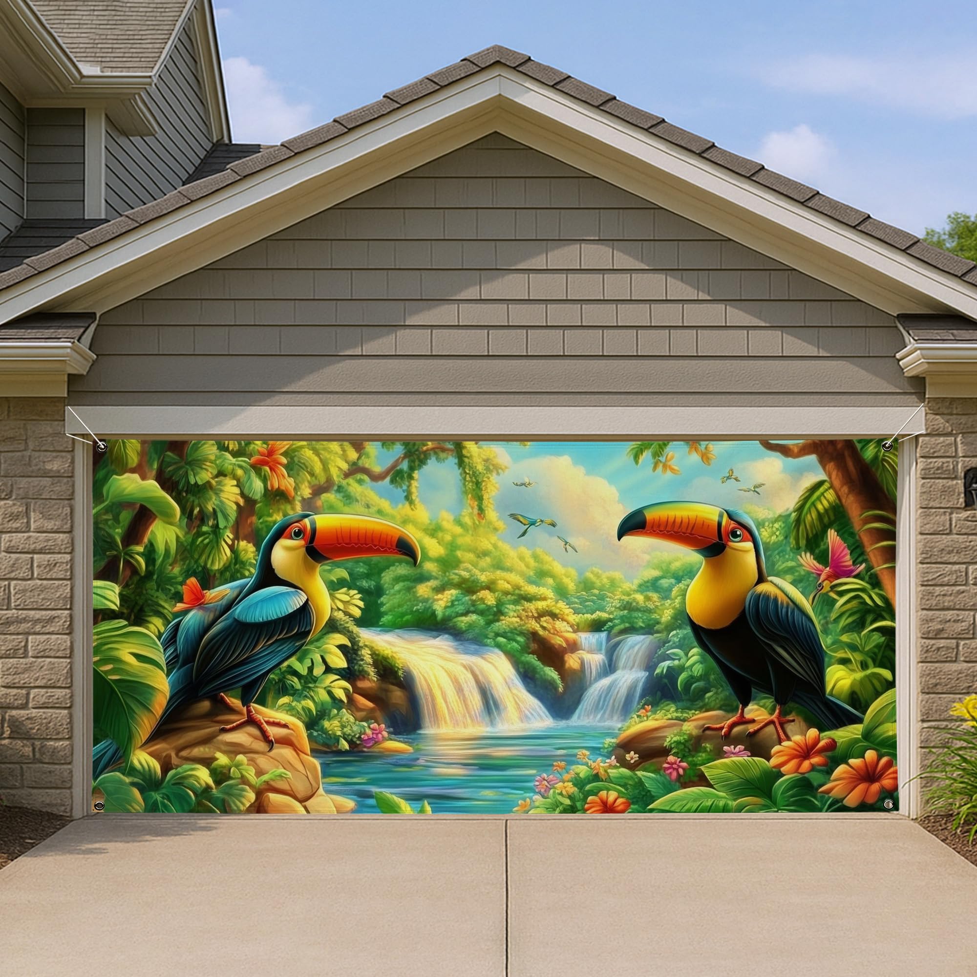 Tropical Toucan Garage Door Cover, Colorful Jungle Art Large Garage Door Decorations, Summer Outdoor Wall Mural Decor, Nature Theme for Home 157x71 Inch
