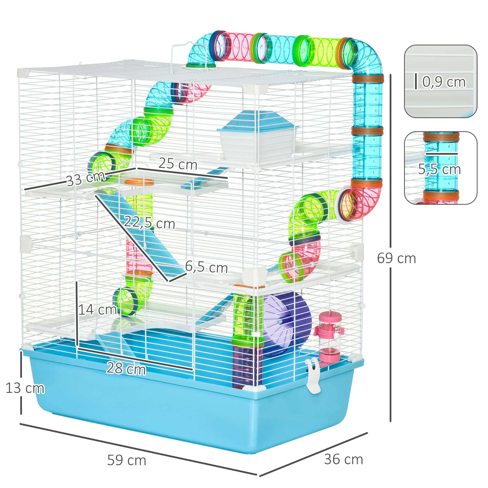 PawHut Hamsterkäfig 5 Etagen für Hamster 59 x 36 x 69 cm Hellblau+Weiß | Nagerkäfig, Kleintierkäfig aus Stahldraht, Laufrad, Rampe, Trinkflasche, Futternapf, Mäusekäfig, Rennmaus