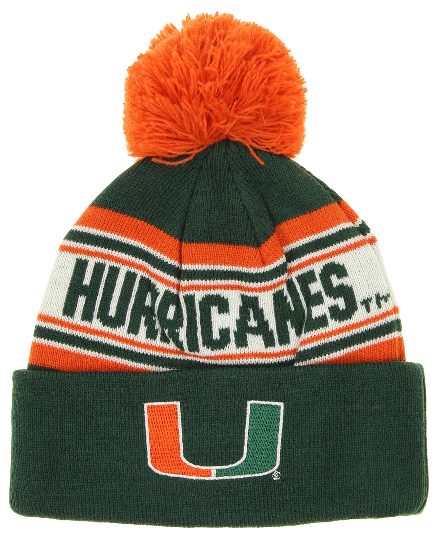 Outerstuff NCAA Boys Kids (4-7) Miami Hurricanes Jacquard Cuffed Knit Beanie Hat w/Pom, One Size