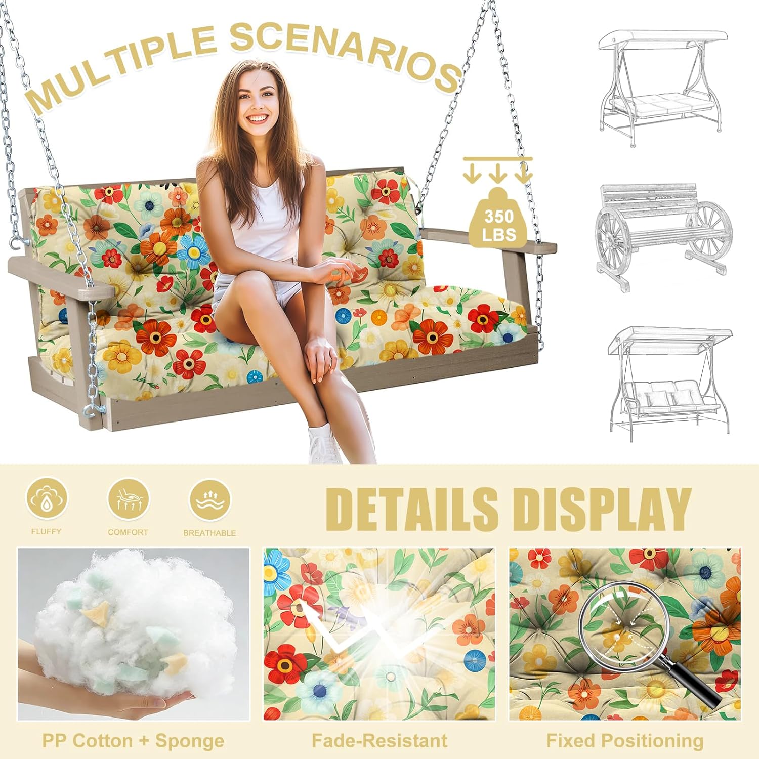 Porch Swing Cushions Outdoor 60 inch x 40 Waterproof Swing Cushions 3 Seater Replacement with Backrest & 8 Ties 5" Thick Bench Swing Cushions for Outdoor Furniture Patio(Floral Pattern)