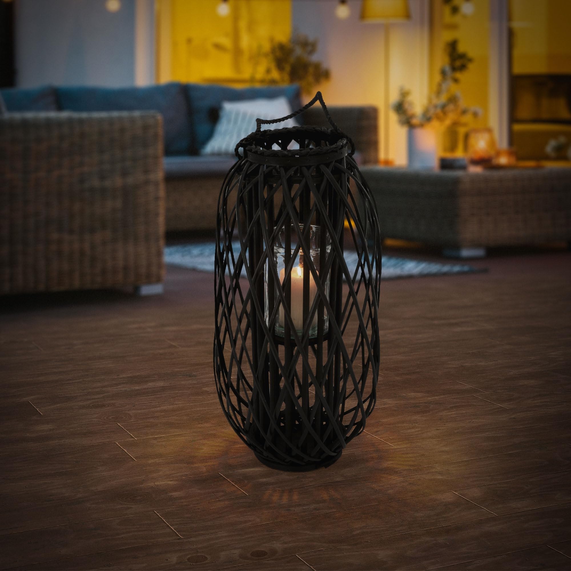 ECD Germany Linterna Estilo Ratán Portavelas 60 x Ø 27 cm Negro con Aspecto de Mimbre de Caña Natural Tejido Trenzado Robusto Luz de Vela Decorativa Farola para Mesa en Terraza Salón Jardín