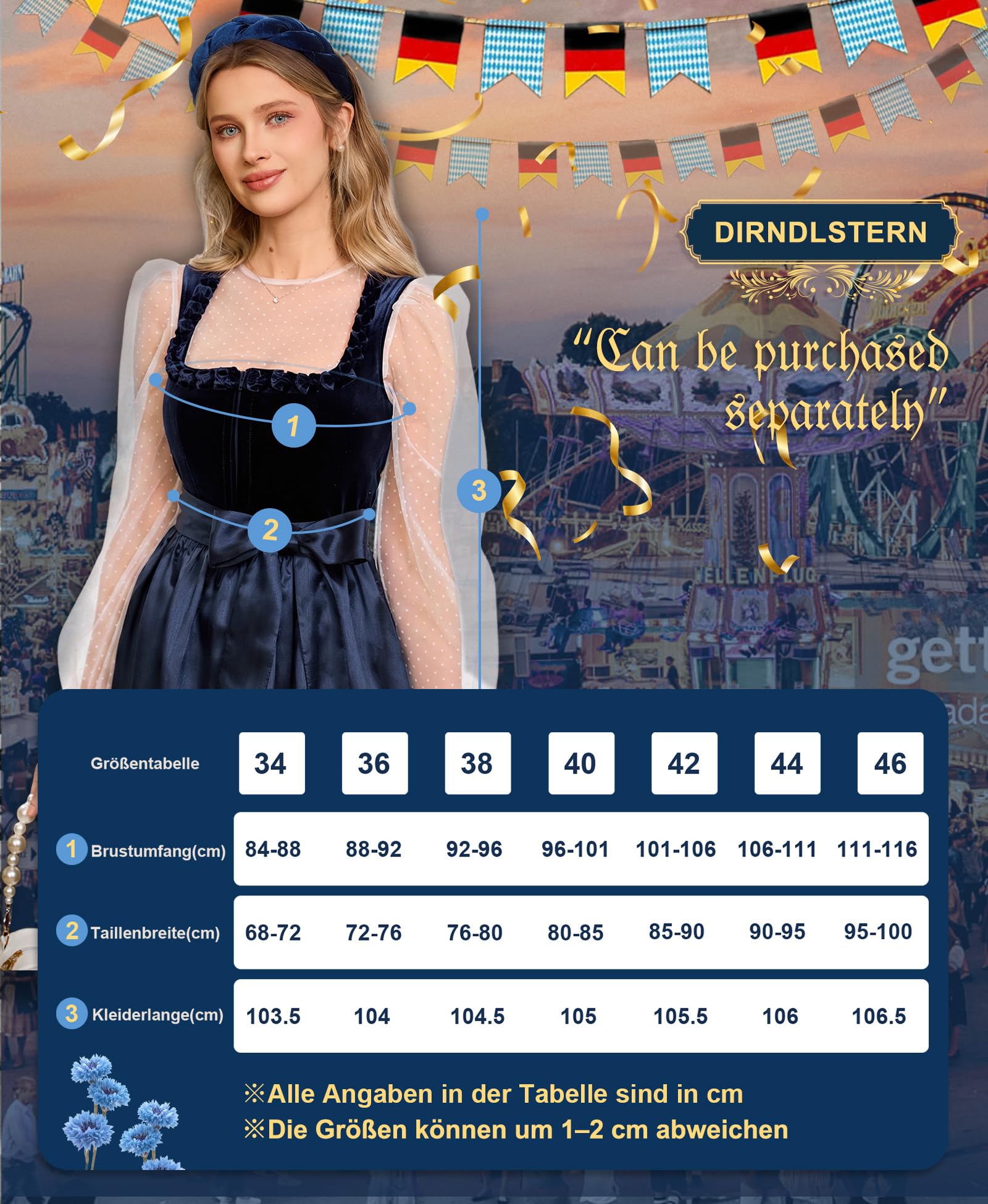 DIRNDLSTERN Damen Blau Samt - Dirndlkleid Midi 70cm mit Reißverschluss Oktoberfest Outfit