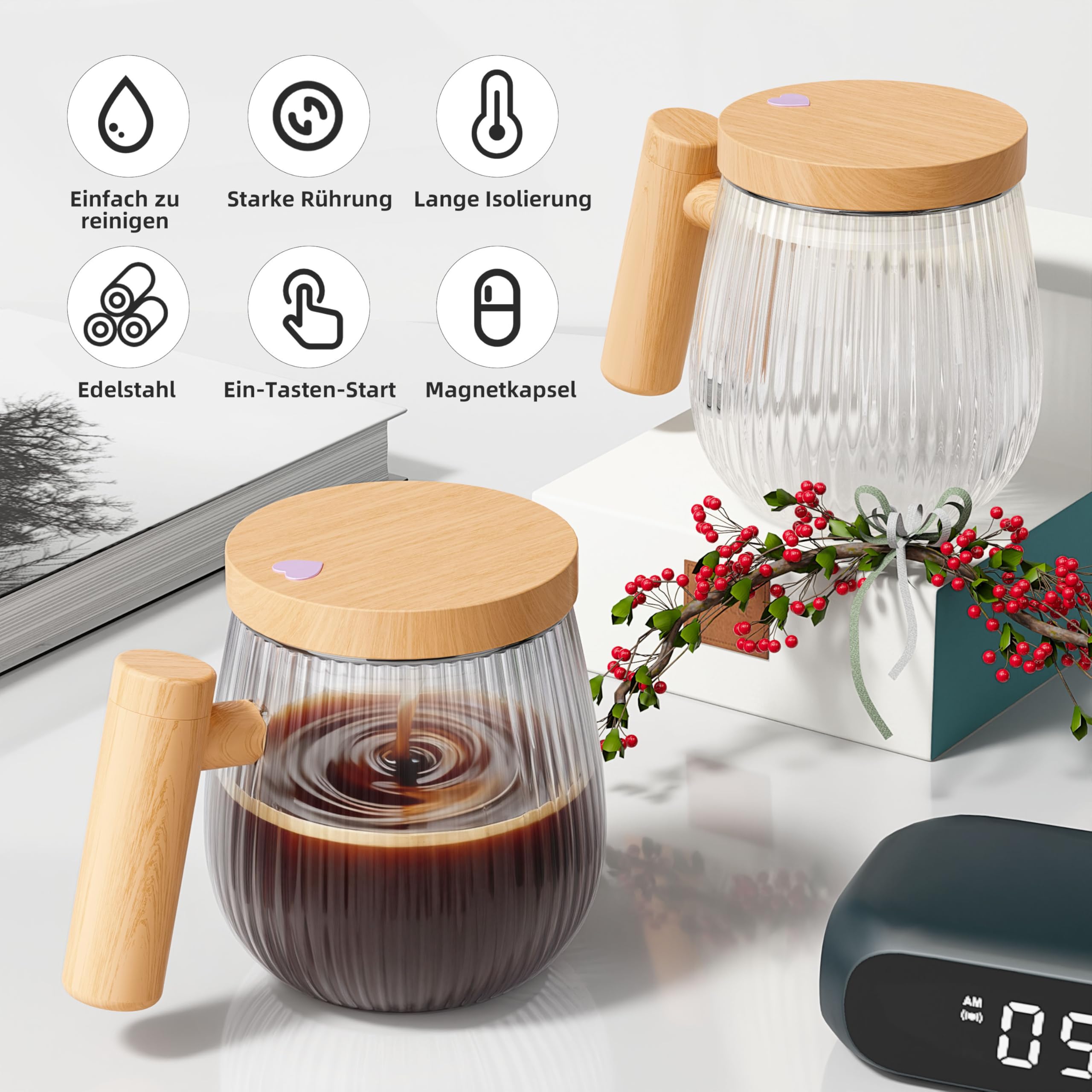 Set di 2 pezzi di Tazza auto-commovente, tazza da miscelare da 400 ml, ad alta velocità adatta per caffè / latte / polvere di proteine, di in vetro a protezione termica con coperchio (Trasparente S)