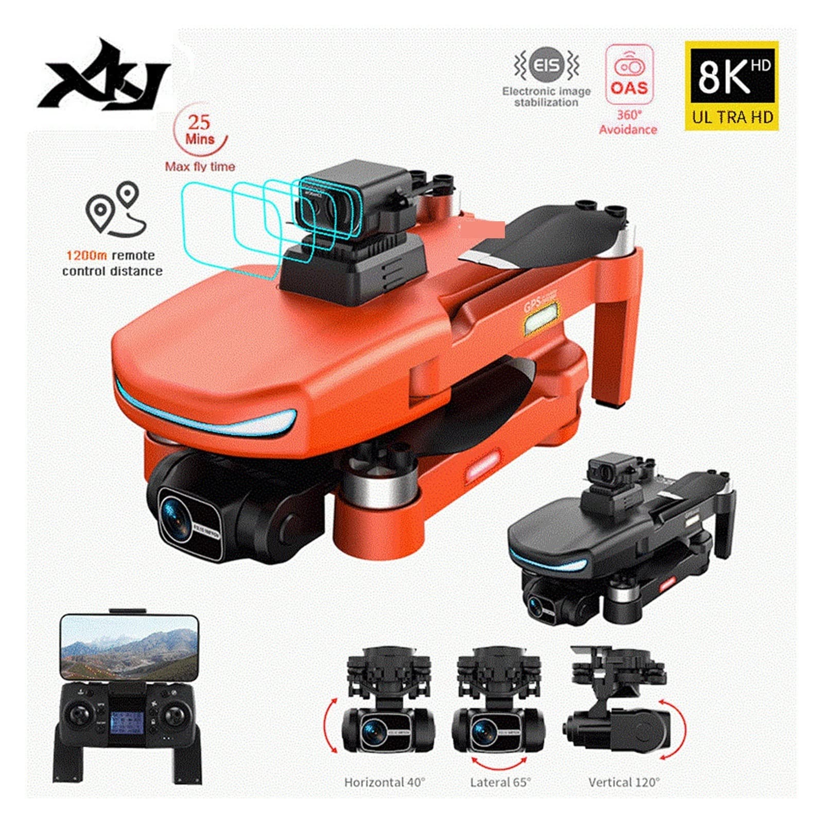 Składany dron Quadcopter GPS Drone 4K Professional 8K HD Podwójna kamera Unikanie przeszkód Trzygimbal Bezszczotkowy składany quadkopter (Kolor : Pomarańczowy 4K Backp 1B Rozmiar: 1) (Pro2 8K Bp 2B 1)
