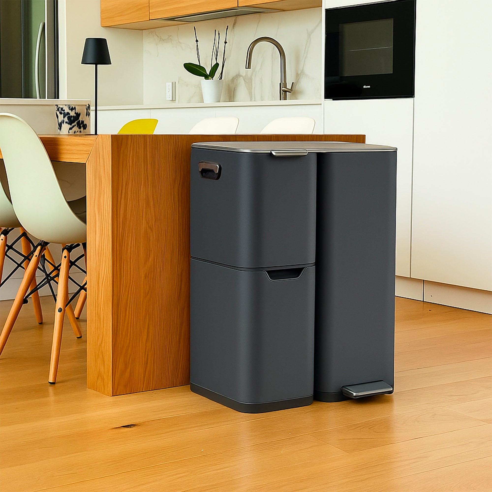 KITCHEN MOVE Poubelle de cuisine à pédale tri sélectif recyclage 60L(13+17+30L) HAJA en acier Inox Gris avec seau