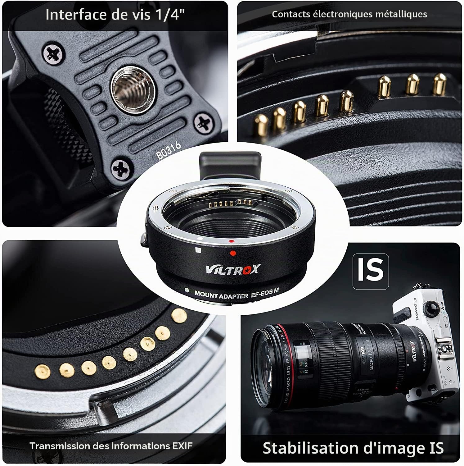 VILTROX EF-EOS M Bague Adaptateur Monture pour Canon EF/EF-S Objectif à appareils Photo EOS M Mount M200 M100 M3 M10 M6 M5