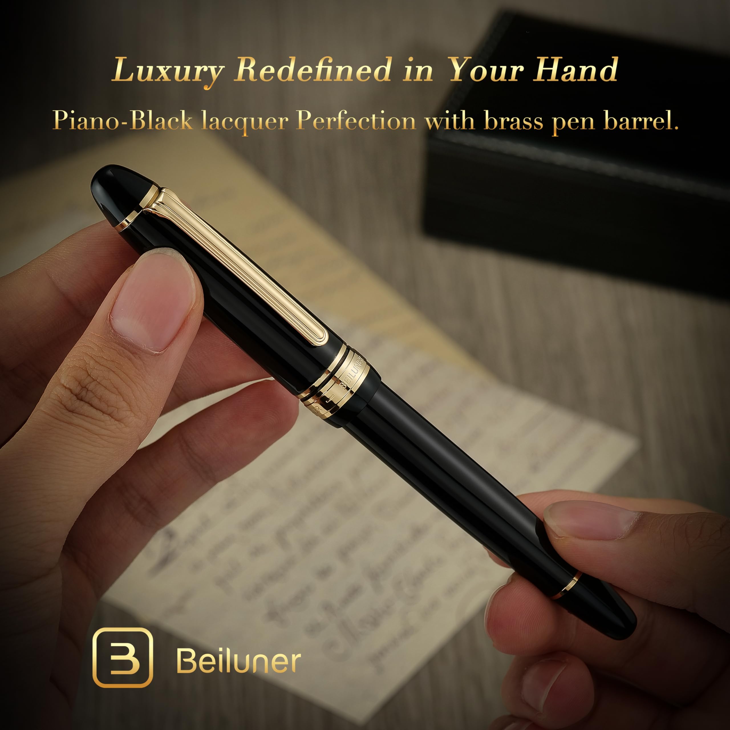 BEILUNER 319 Piano Black Lacquer Rollerball - Stunning Luxury Pen with 24K Gold Heavy Schneider Black Ink Refill — view 8