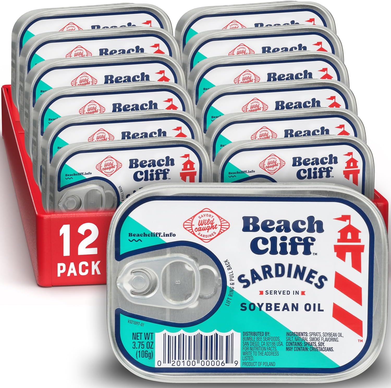 Wild Caught Sardines in Soybean Oil, 3.75 oz Can (Pack of 12) - 13g Protein per Serving - Gluten Free, Keto Friendly - Great for Pasta & Seafood Recipes