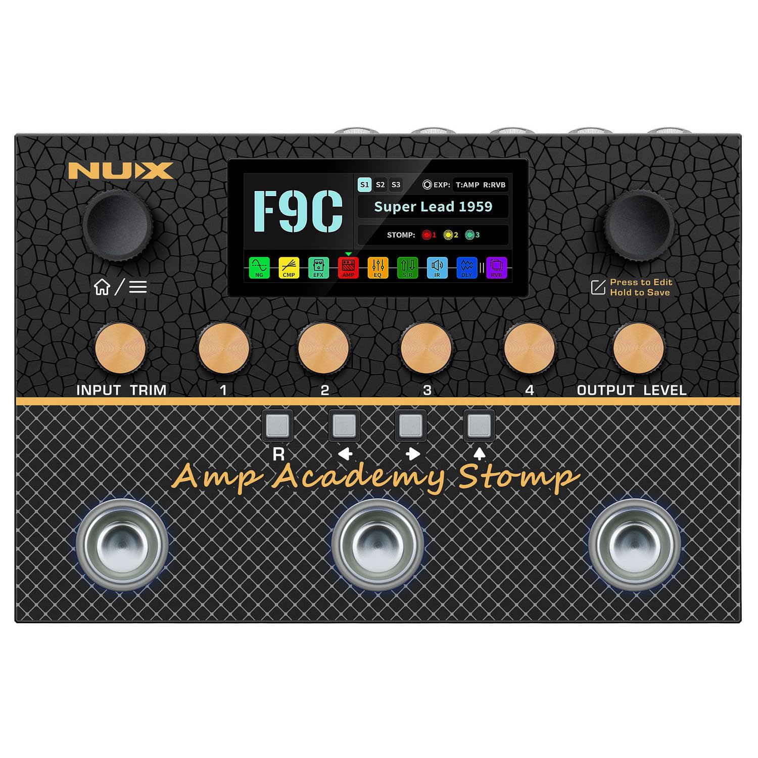 NU-X | Amp Academy Stomp Pedal | Multi-Effekt-Gitarrenpedal mit Verstärkermodellierung, Bluetooth, Looper, USB-Audio-Schnittstelle & anpassbarer Signalkette für E-Gitarren-Übung, Aufnahme