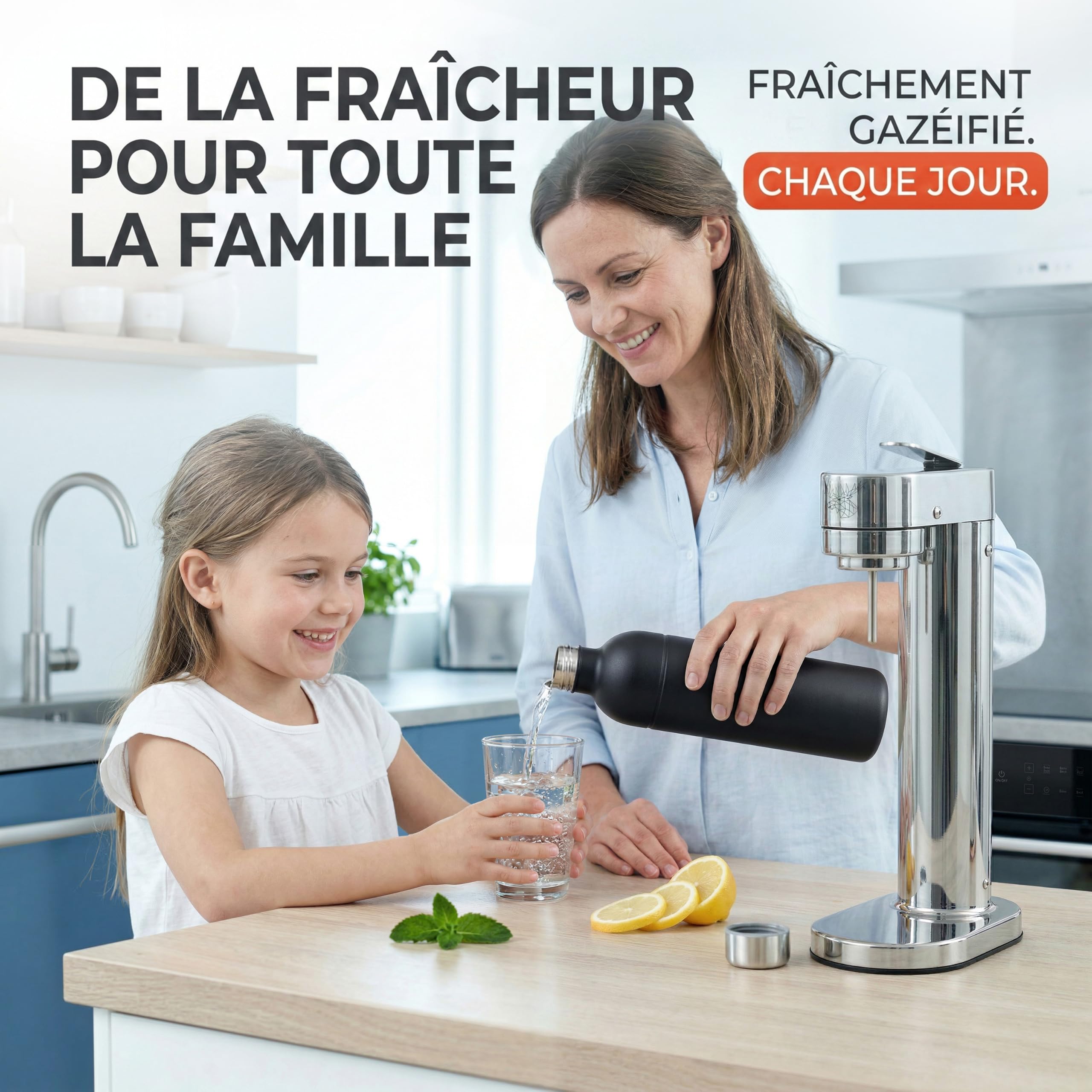 Luckymoose Infinity-S Machine à eau pétillante en acier inoxydable (Silver and Black) – Incl. 2x bouteilles 1,25L en inox – Machine a soda et eau gazeuse Maison & Cuisine & Design Compact