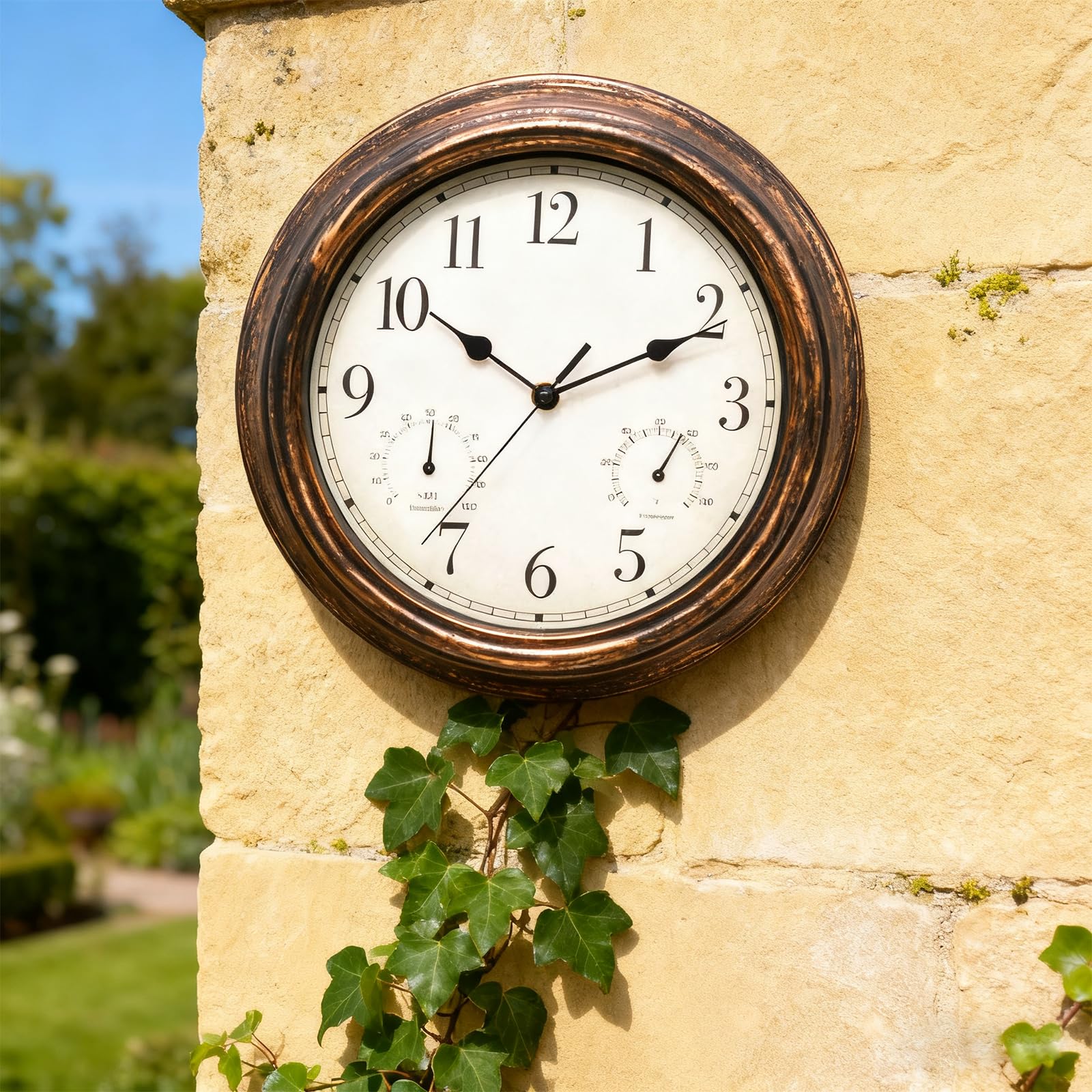 SUNOYA Orologio da giardino, resistente alle intemperie, impermeabile, 30 cm, con termometro e igrometro, per esterni, stile retrò, per bagno, giardino, cucina, veranda, senza ticchettio
