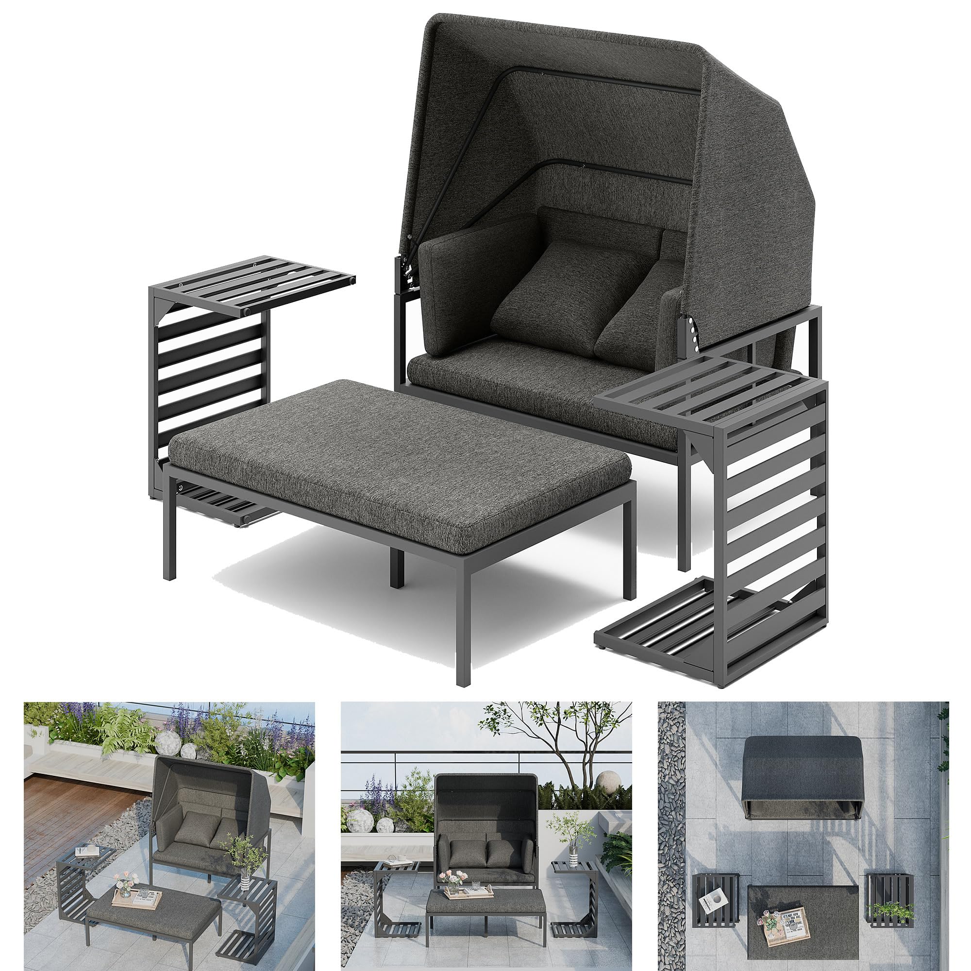 Mucola Strandkorb Relaxinsel mit Dach Gartenliege Aluminium Sonnenliege wetterfest, (wetterfest, resistent gegen Regen, Salzwasser und intensive Sonneneinstrahlung, inkl. 2 extra dicke und weiche Kiss