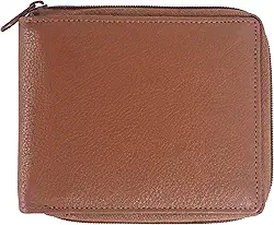 Carteira masculina de couro bovino dobrável com bloqueio de RFID com zíper | Corrente de zíper de metal segura com 9 cartões de identificação fina e minimalista, Bronzeado, One Size, Zíper