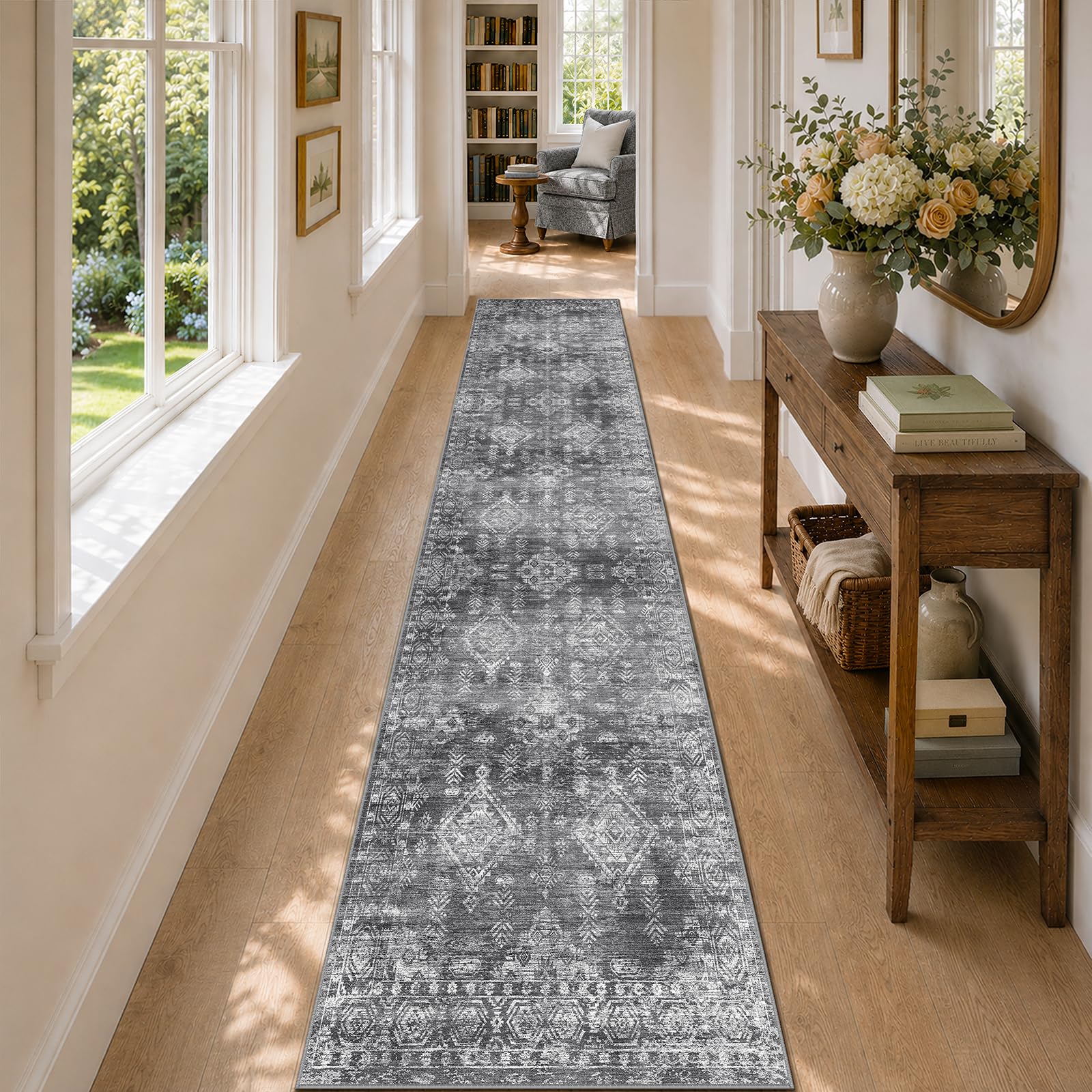 Waschbarer Teppich Läufer 60 x 240 cm, Läufer Flur rutschfest, Grau
