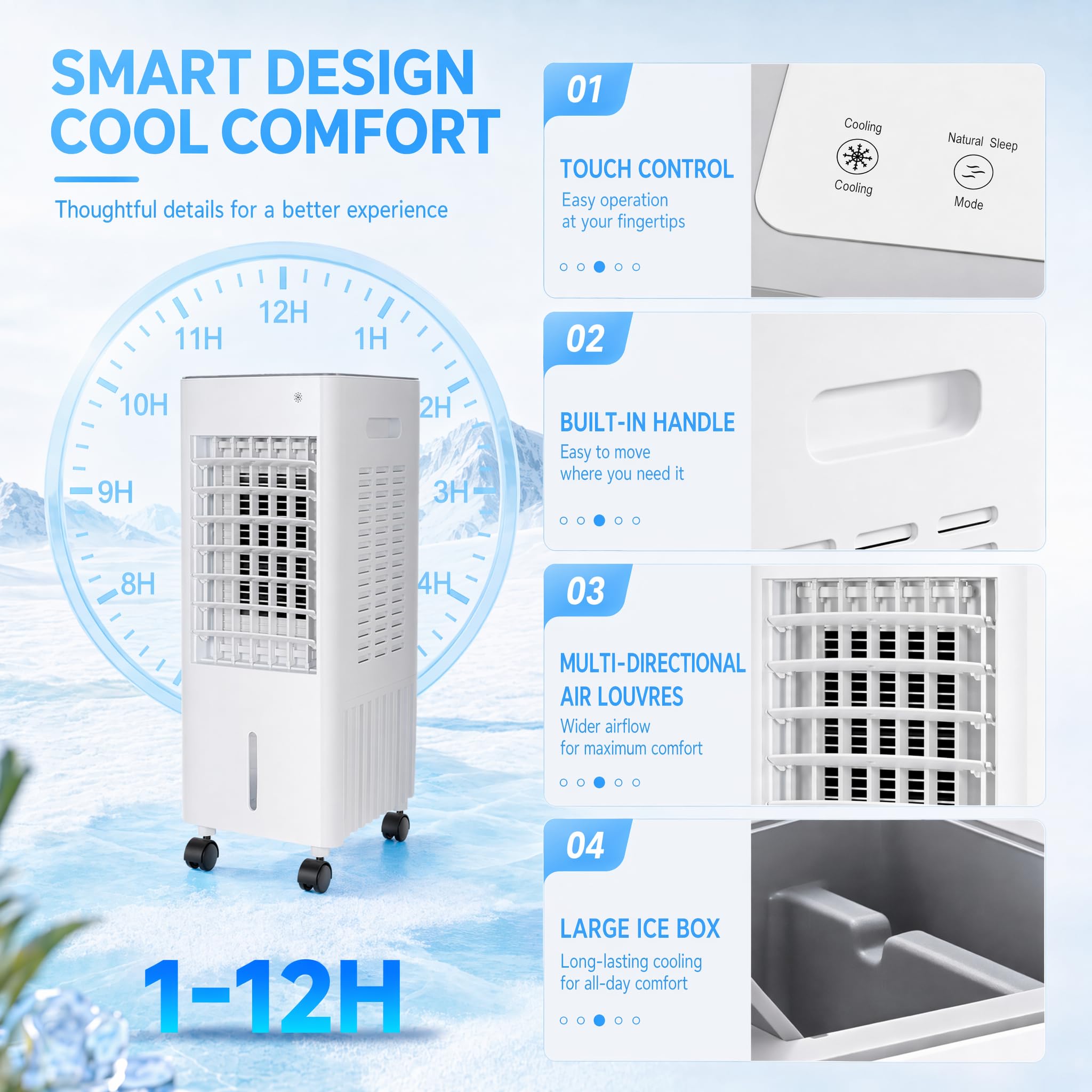 4 in1 Air Cooler 12L Air Conditioner Mobile klimaanlage ohne abluftschlauch 4 ice crystals,3 Windstufen Stumm 1-12 Hour Water Cooling Humidifier Air Purifier for Home Room Office