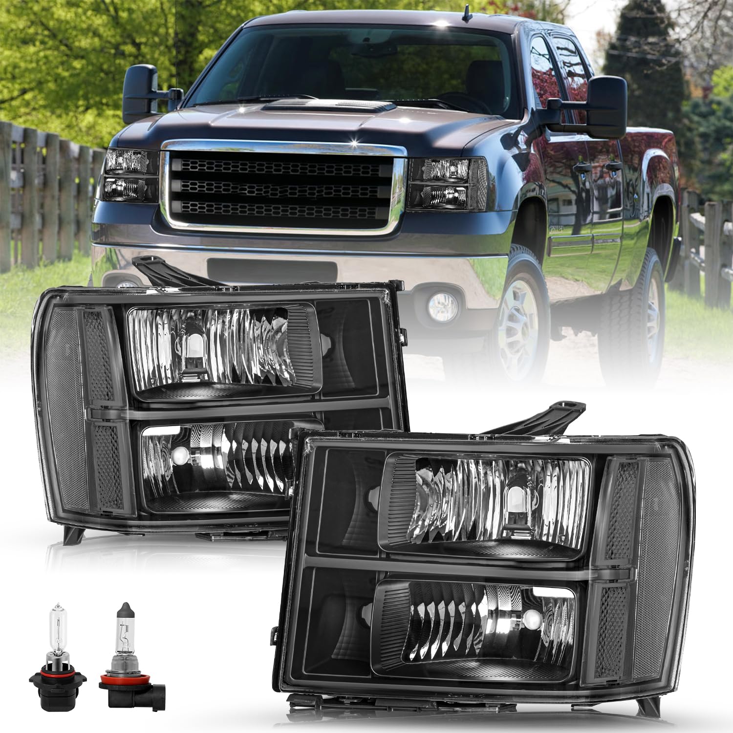 Fit for 2007-2013 GMC Sierra 1500 Headlight Assembly 07-14 GMC Sierra 2500 HD 3500 HD OE Factory Style Replacement LH+RH Bulbs Included Black Housing&Chrome Reflector