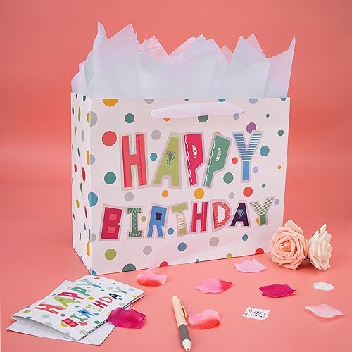 Miniatura 5 de Juego de bolsas de regalo grandes y coloridas de 13 pulgadas con tarjeta de felicitación y papel de seda (borde láser de aluminio Happy Birthday)