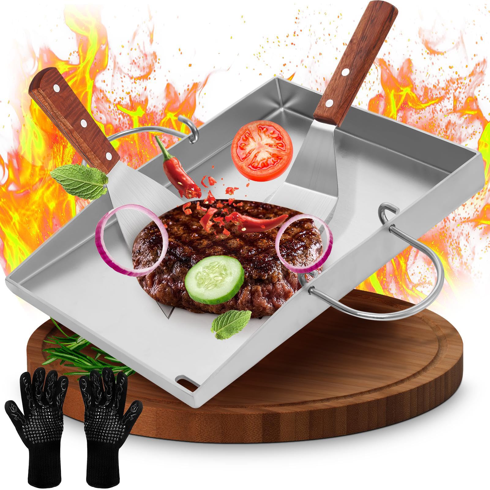 Plancha Edelstahl Grillplatte – Grillen auf höchstem Niveau | Robuster Edelstahl, 2x Grillspachtel mit Akazienholzgriff – Perfekte BBQ-Ergebnisse dank Profi-Zubehör garantiert!