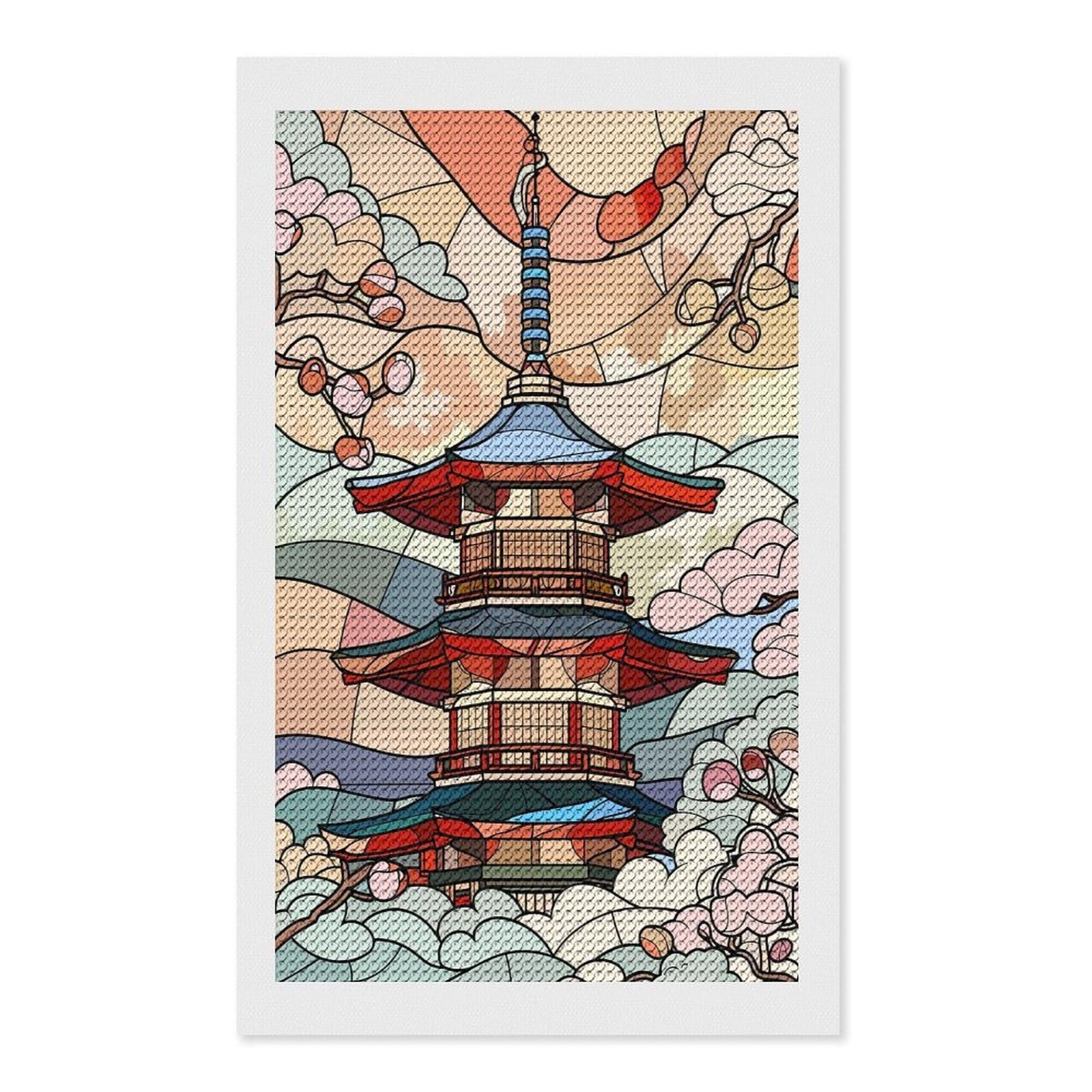Junmoney Japanese Pagoda with Cherry Blossoms DIY Diamond Art Canvas Kit 12"x20", Farmhouse Decor, Vintage Style Decor, Handmade Wall Decor, Canvas Picture