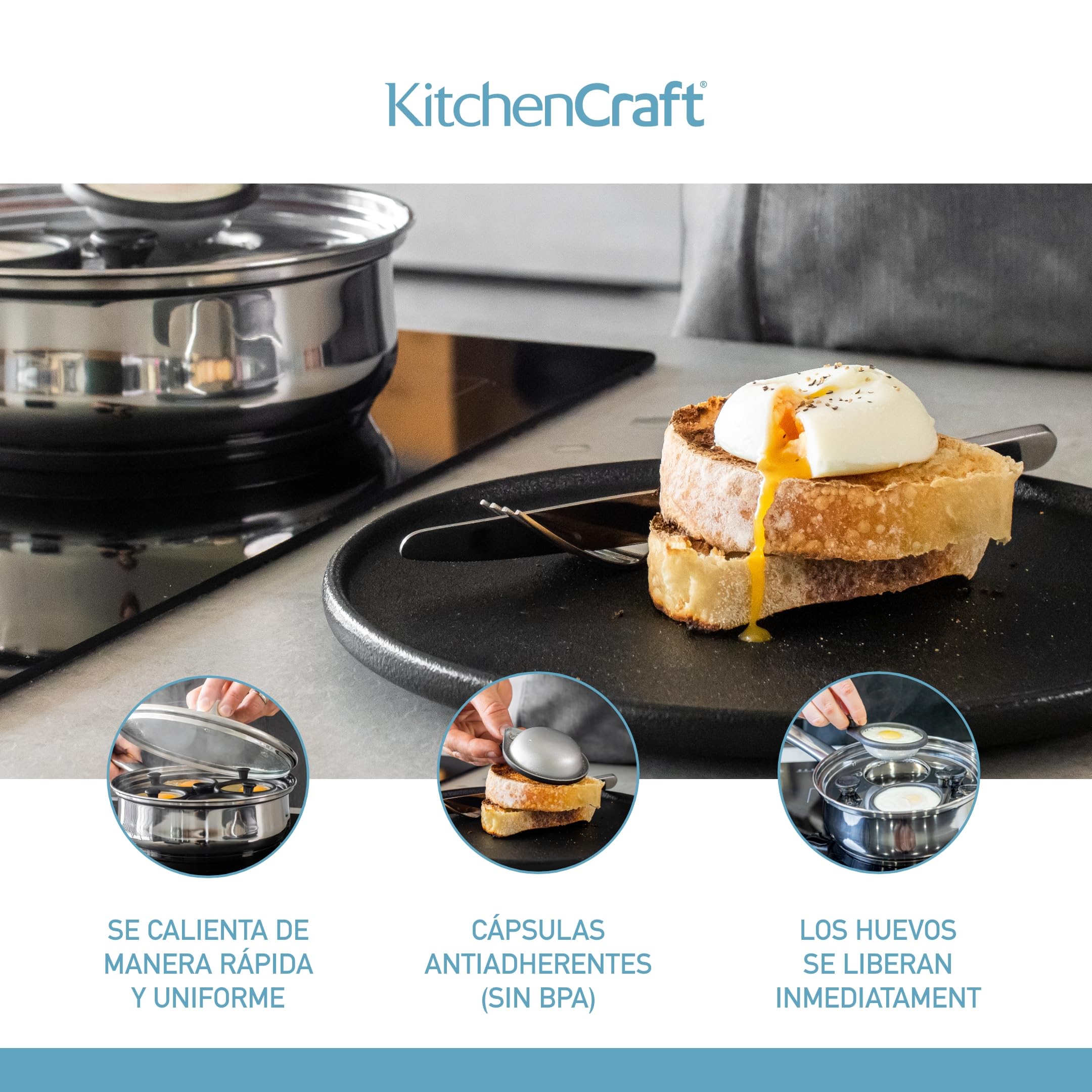 Kitchen Craft KCCVPOACH6 Clearview - Cazo de Acero Inoxidable para escalfar Huevos (6 Huecos, 28 cm)
