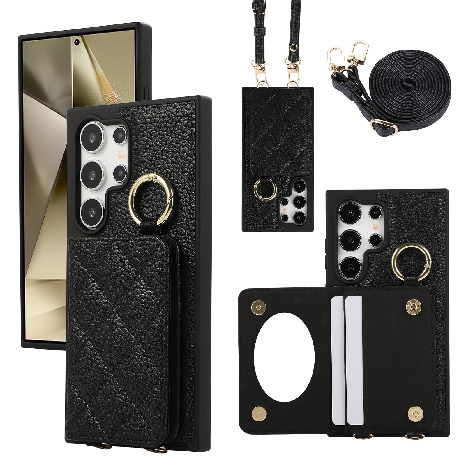 YDIJCYAN Handyhülle für Samsung Galaxy S25 Ultra Hülle mit Band+Ring+Schminkspiegel Stoßfest Handy Schutzhülle (Schwarz)