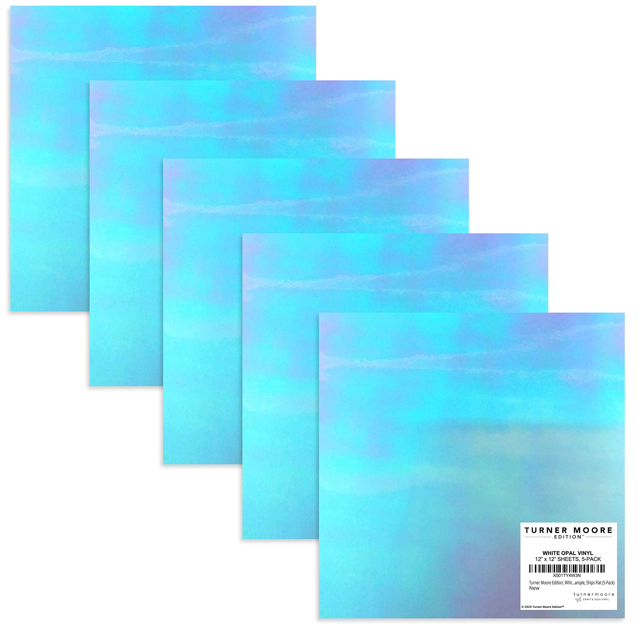Turner Moore Edition, White Opal Vinyl Adhesive - 12" x 12" Opal Holographic Vinyl Sheets for Silhouette Cameo, Maker, Scrapbooking, Stickers + Bonus TM Exclusive Sample, Ships Flat (5-Pack)